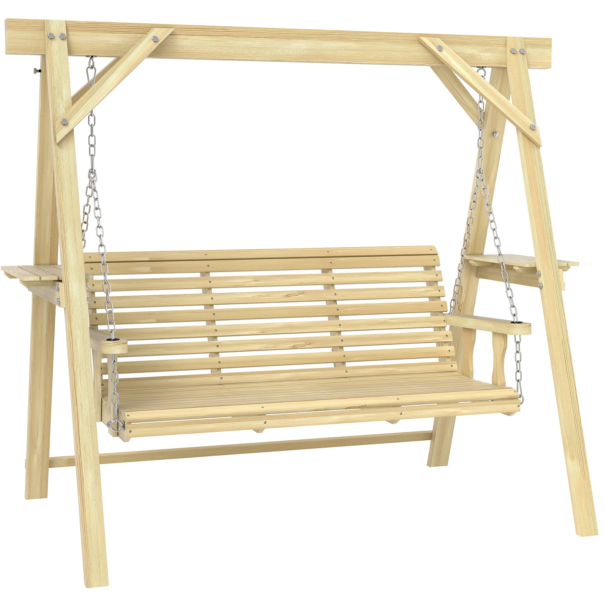 Aosom 3-Seat Porch Swing Fir Wood w/ Side Tables-DECOROLALA