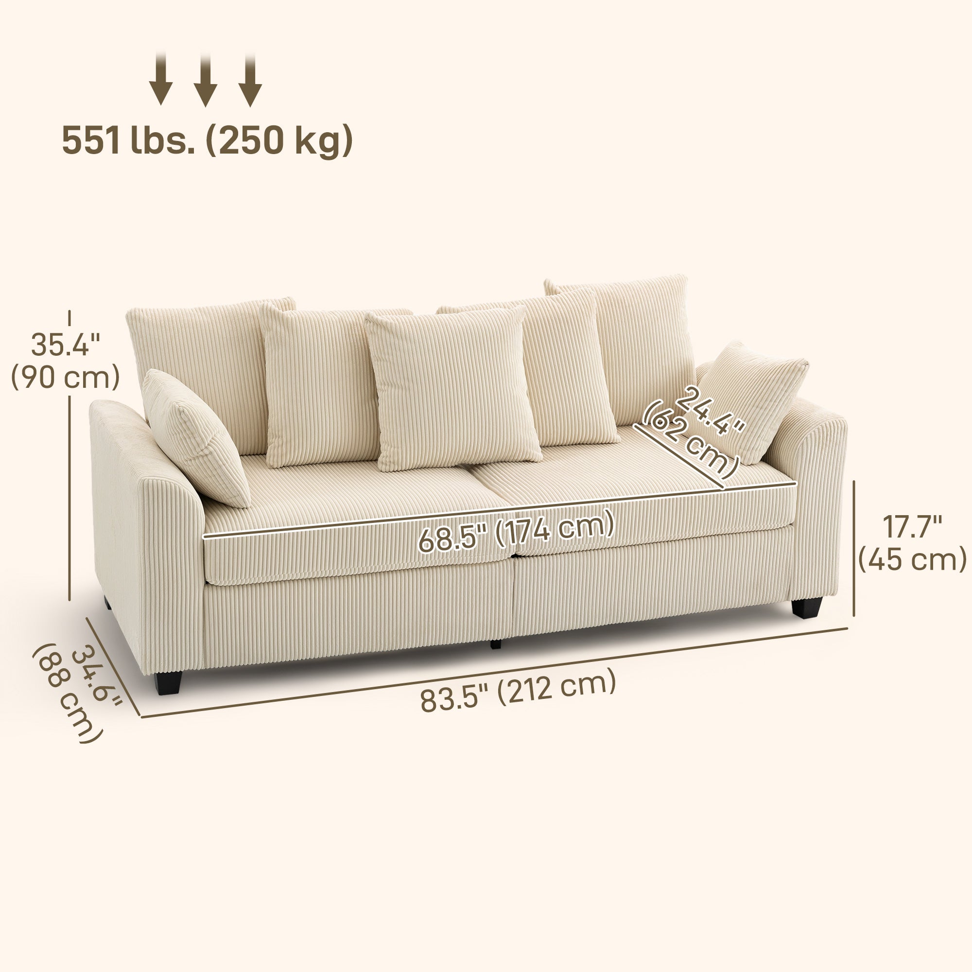 Aosom 3 Seater Corduroy Sofa - Beige Curved Armrests-DECOROLALA