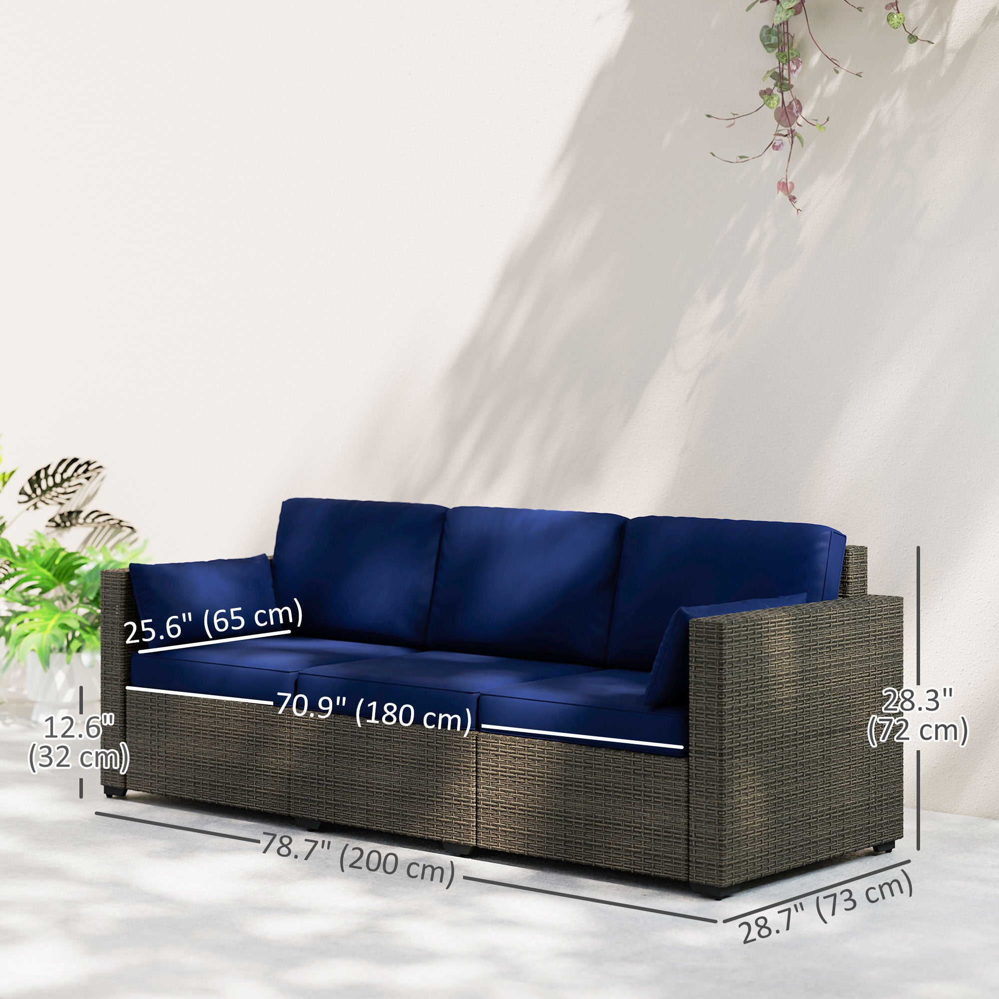 Aosom 3-Seater Outdoor Sofa PE Rattan Blue/Brown-DECOROLALA