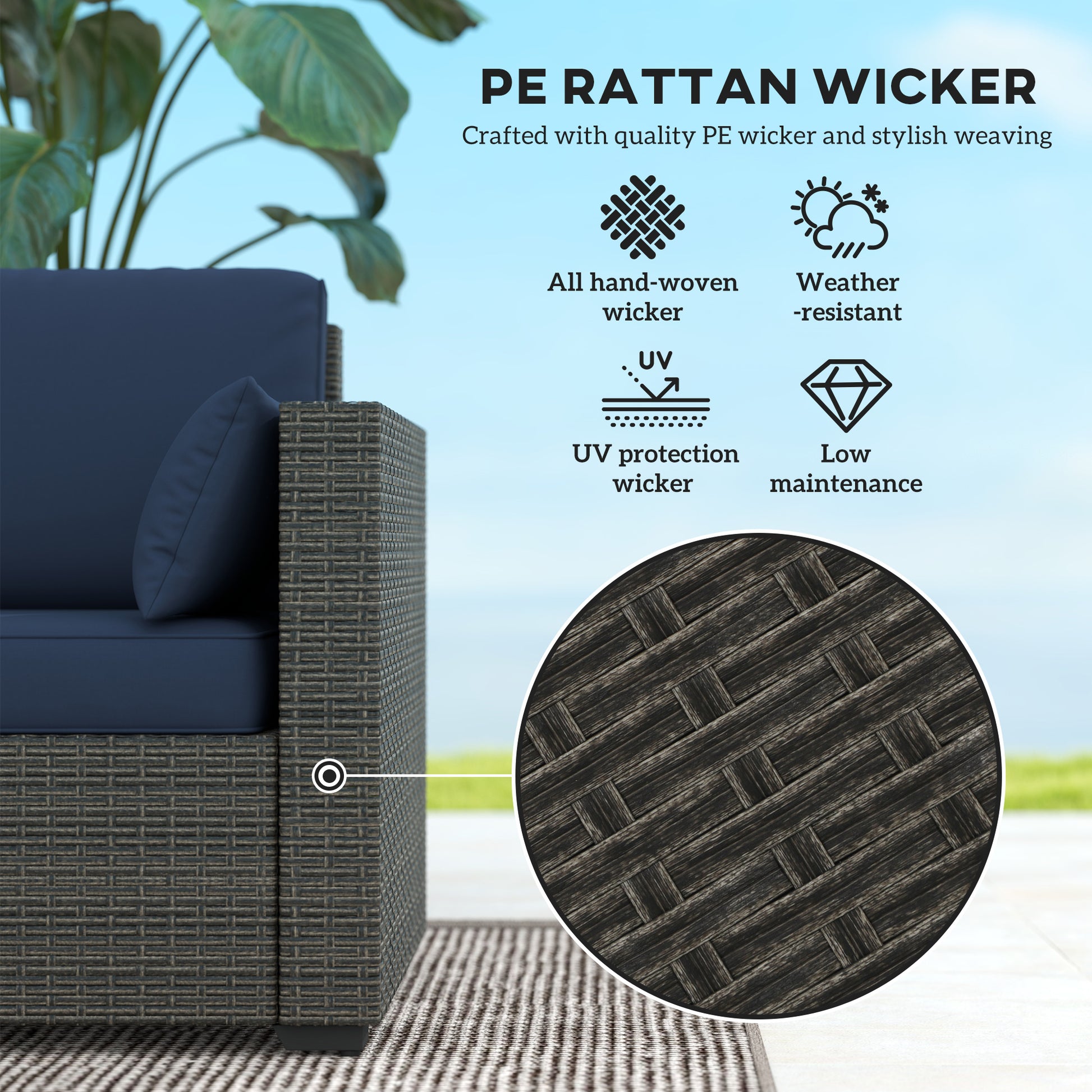 Aosom 3-Seater Outdoor Sofa PE Rattan Blue/Brown-DECOROLALA
