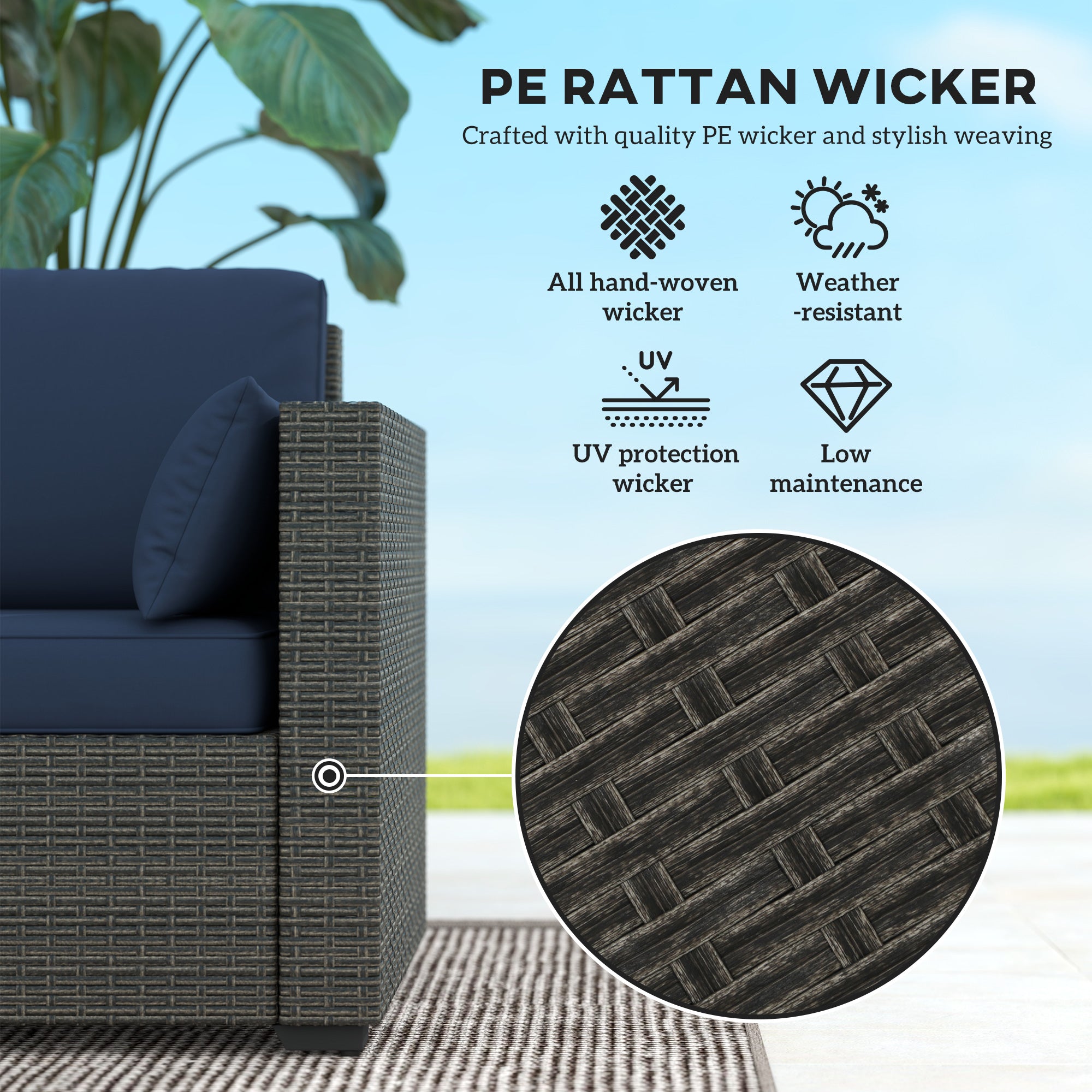 Aosom 3-Seater Outdoor Sofa PE Rattan Blue/Brown-DECOROLALA