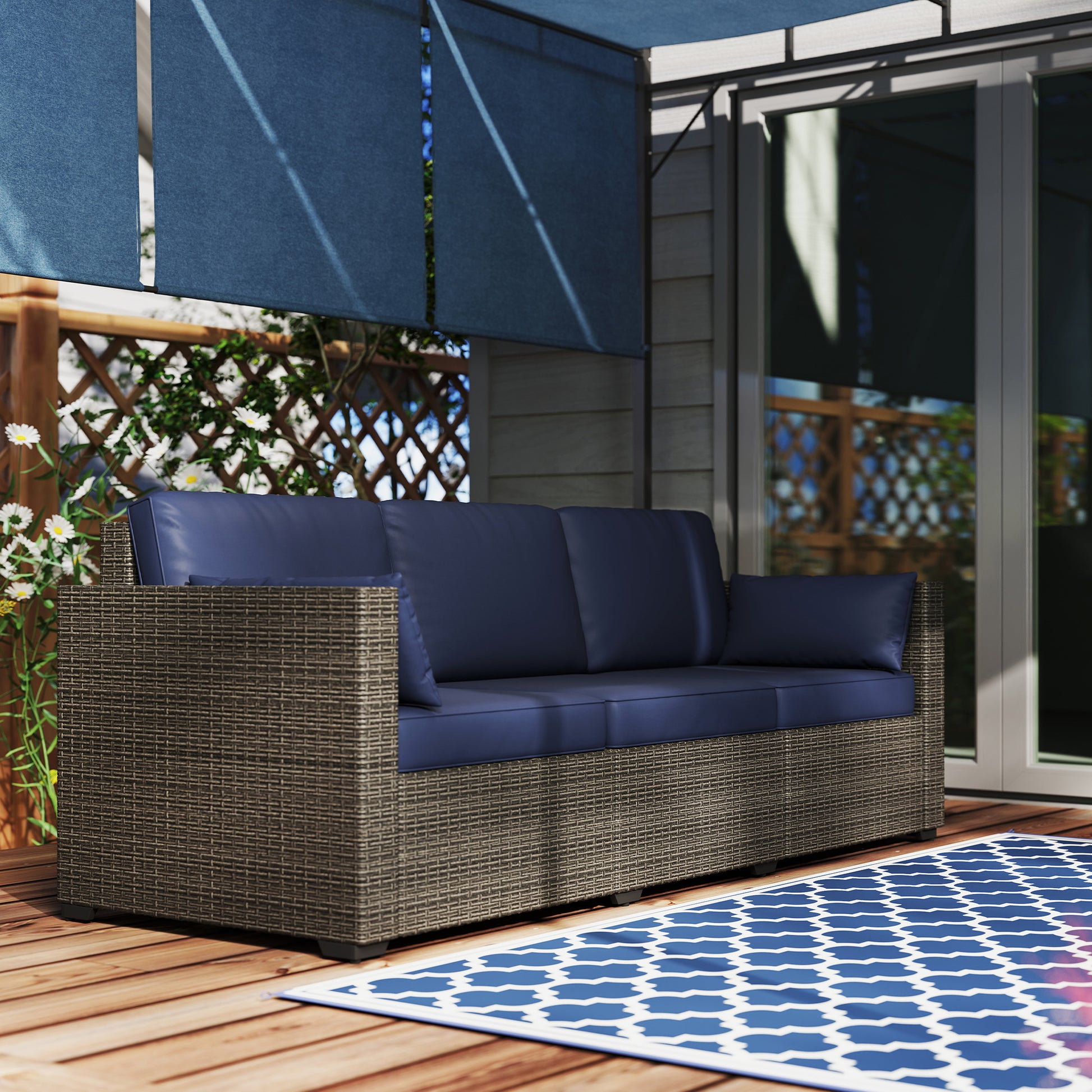 Aosom 3-Seater Outdoor Sofa PE Rattan Blue/Brown-DECOROLALA