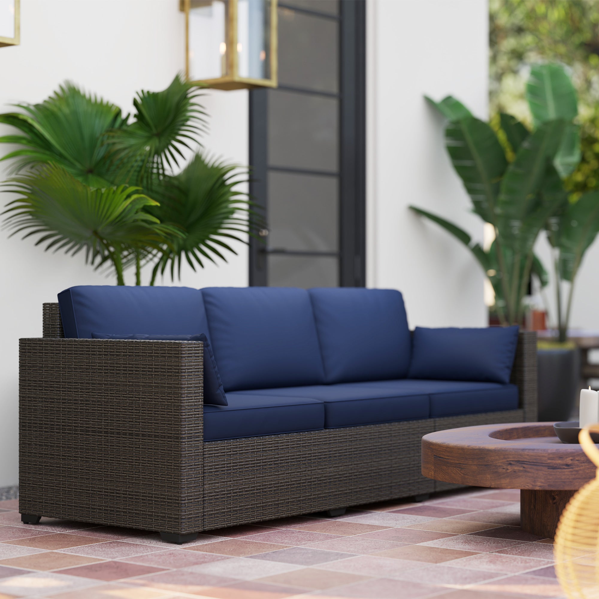 Aosom 3-Seater Outdoor Sofa PE Rattan Blue/Brown-DECOROLALA