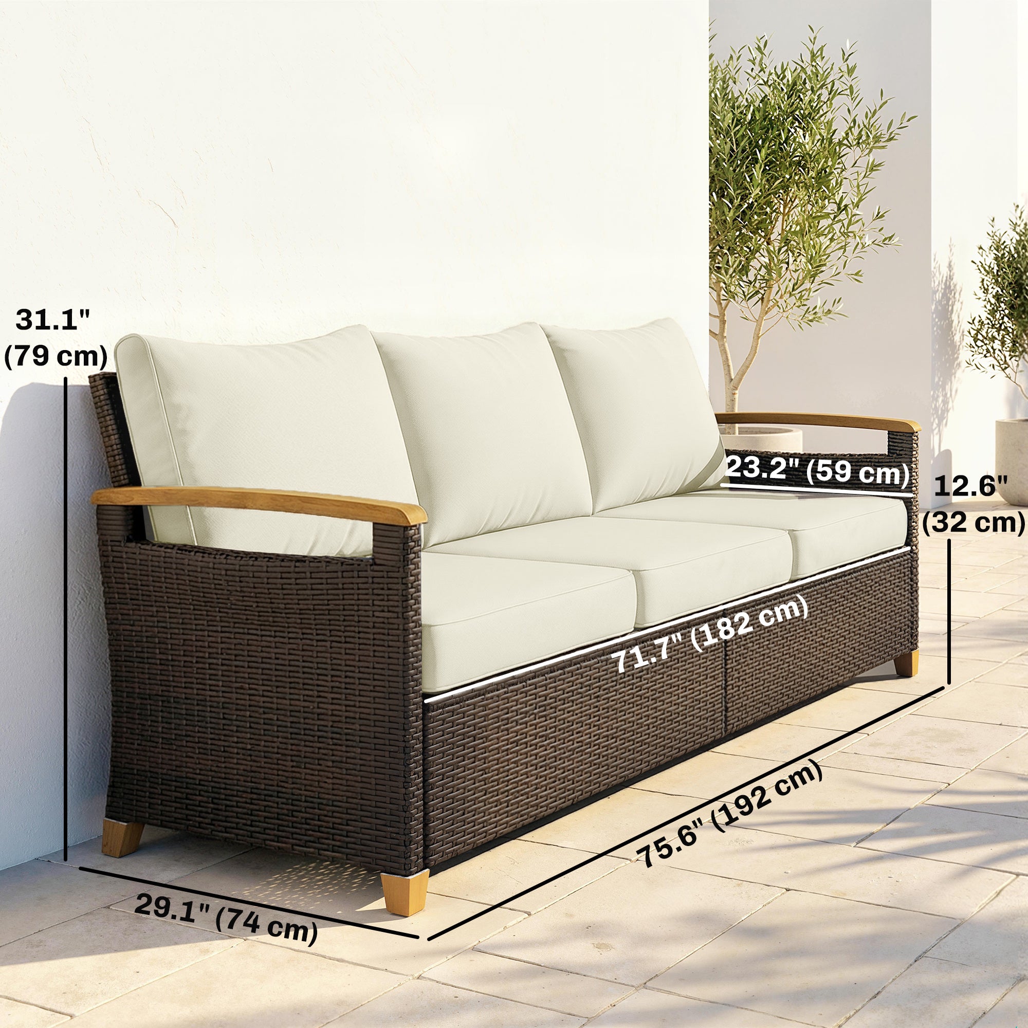 Aosom 3-Seater PE Wicker Outdoor Sofa - Cream White-DECOROLALA