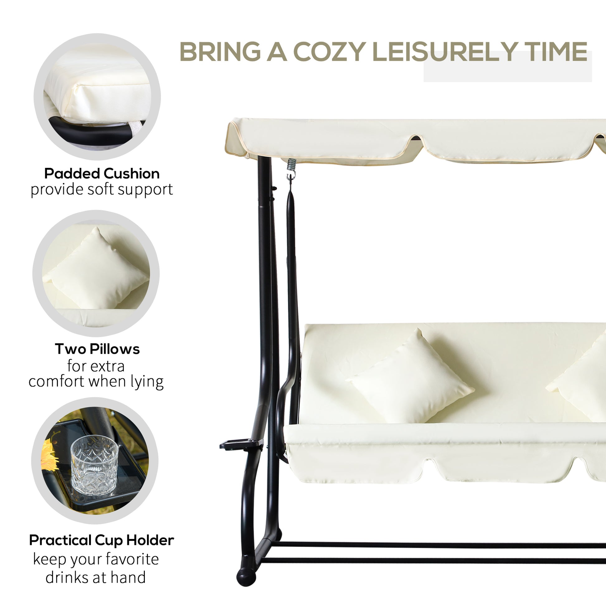 Aosom 3 Seater Patio Swing Bed Convertible Canopy Cream-DECOROLALA