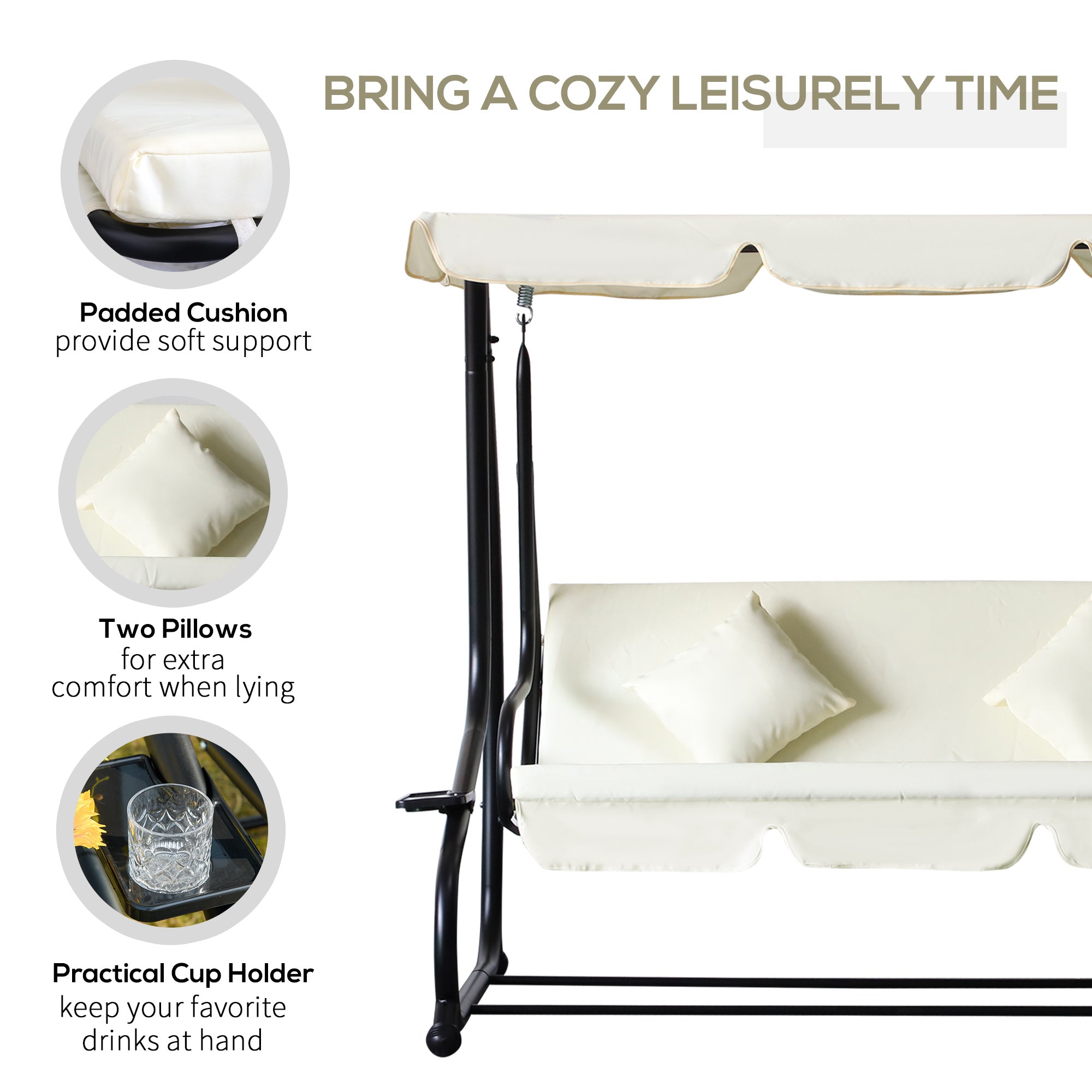 Aosom 3 Seater Patio Swing Bed Convertible Canopy Cream-DECOROLALA