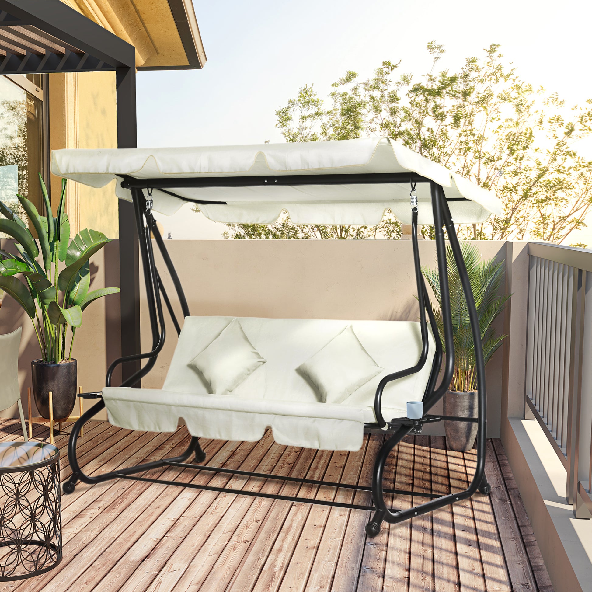 Aosom 3 Seater Patio Swing Bed Convertible Canopy Cream-DECOROLALA