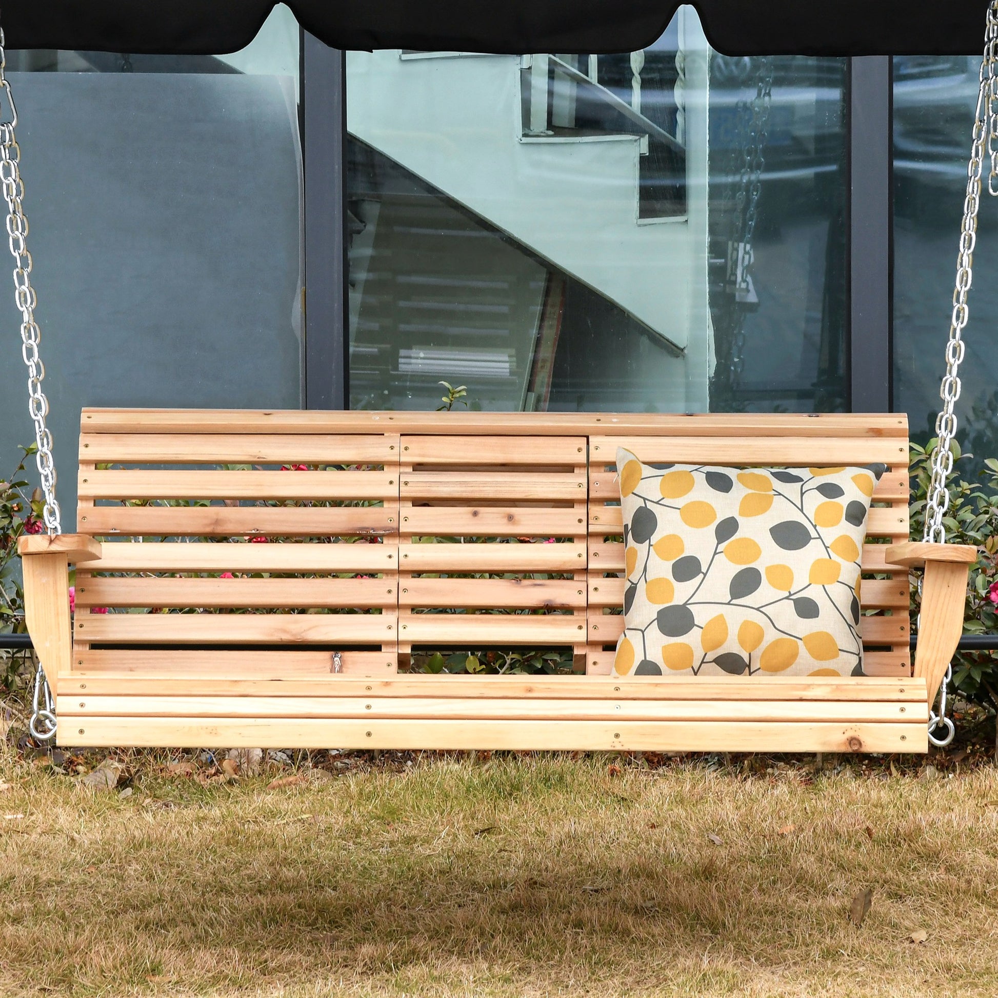 Aosom 3 Seater Patio Swing - Wood with Foldable Table-DECOROLALA