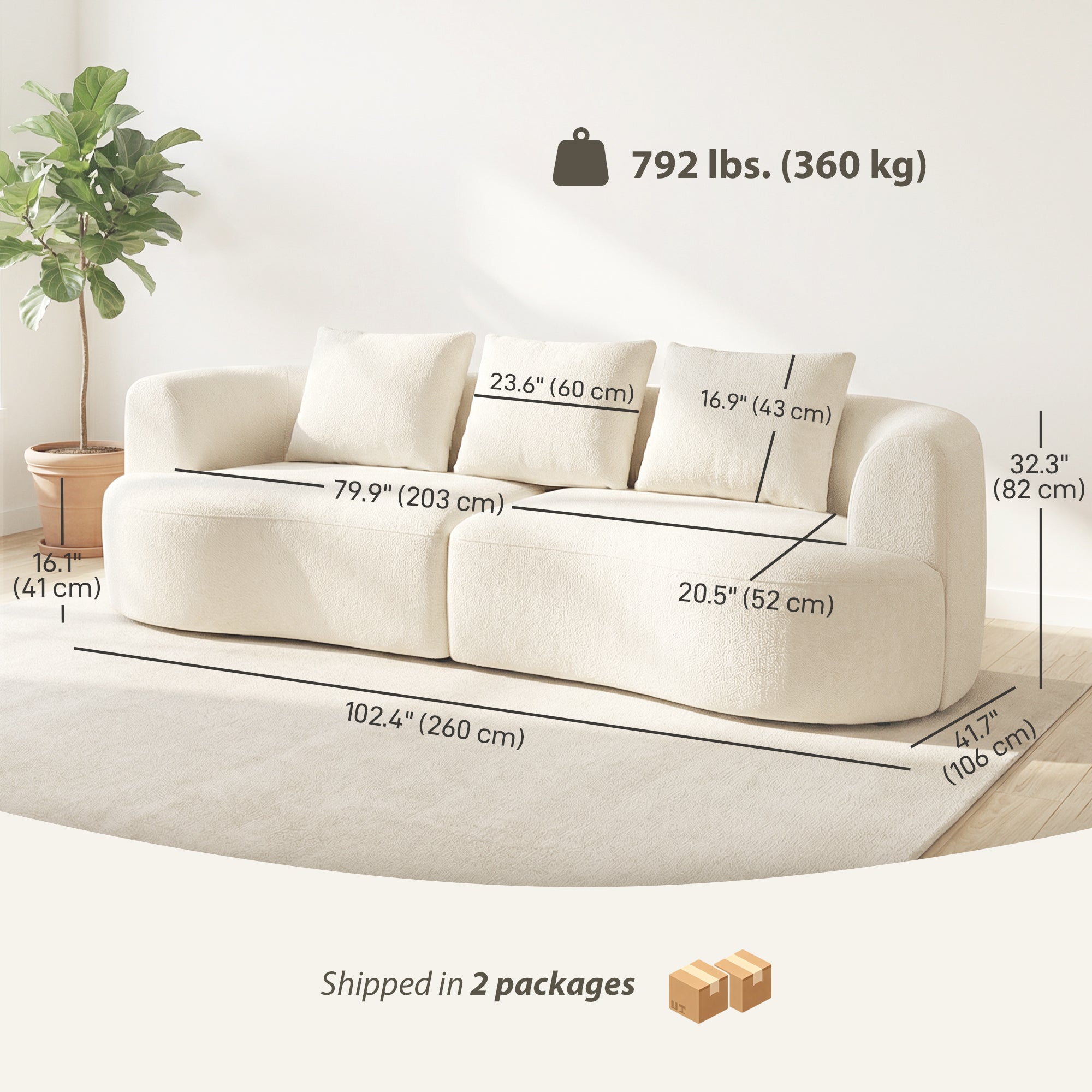Aosom 3 Seater Sofa 102" Chenille - Cream White-DECOROLALA