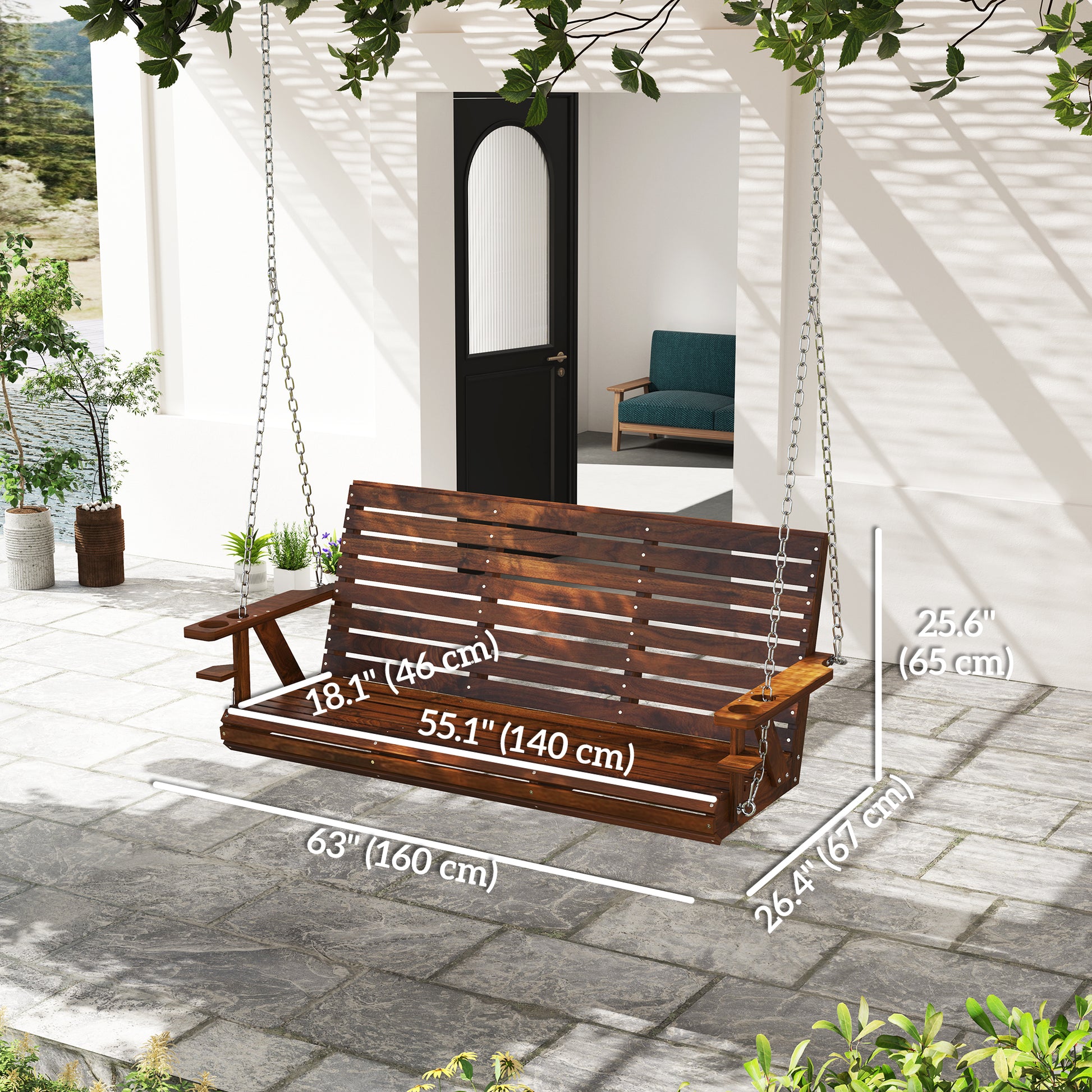 Aosom 3-Seater Swing Bench, Carbonized Wood Porch Swing with Cupholders, Adjustable Chains-DECOROLALA