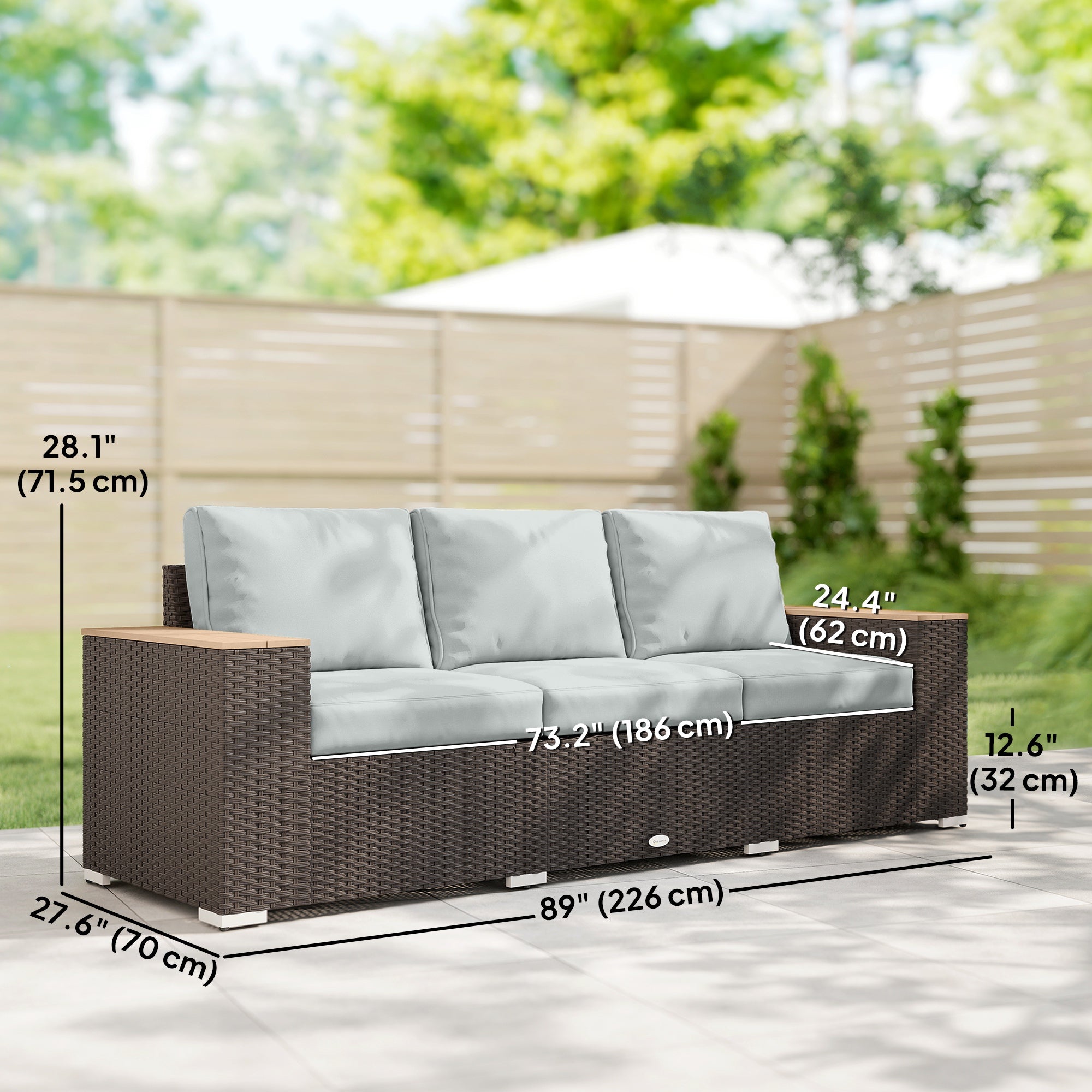 Aosom 3-Seater Wicker Patio Sofa - Grey Rattan Outdoor Couch-DECOROLALA