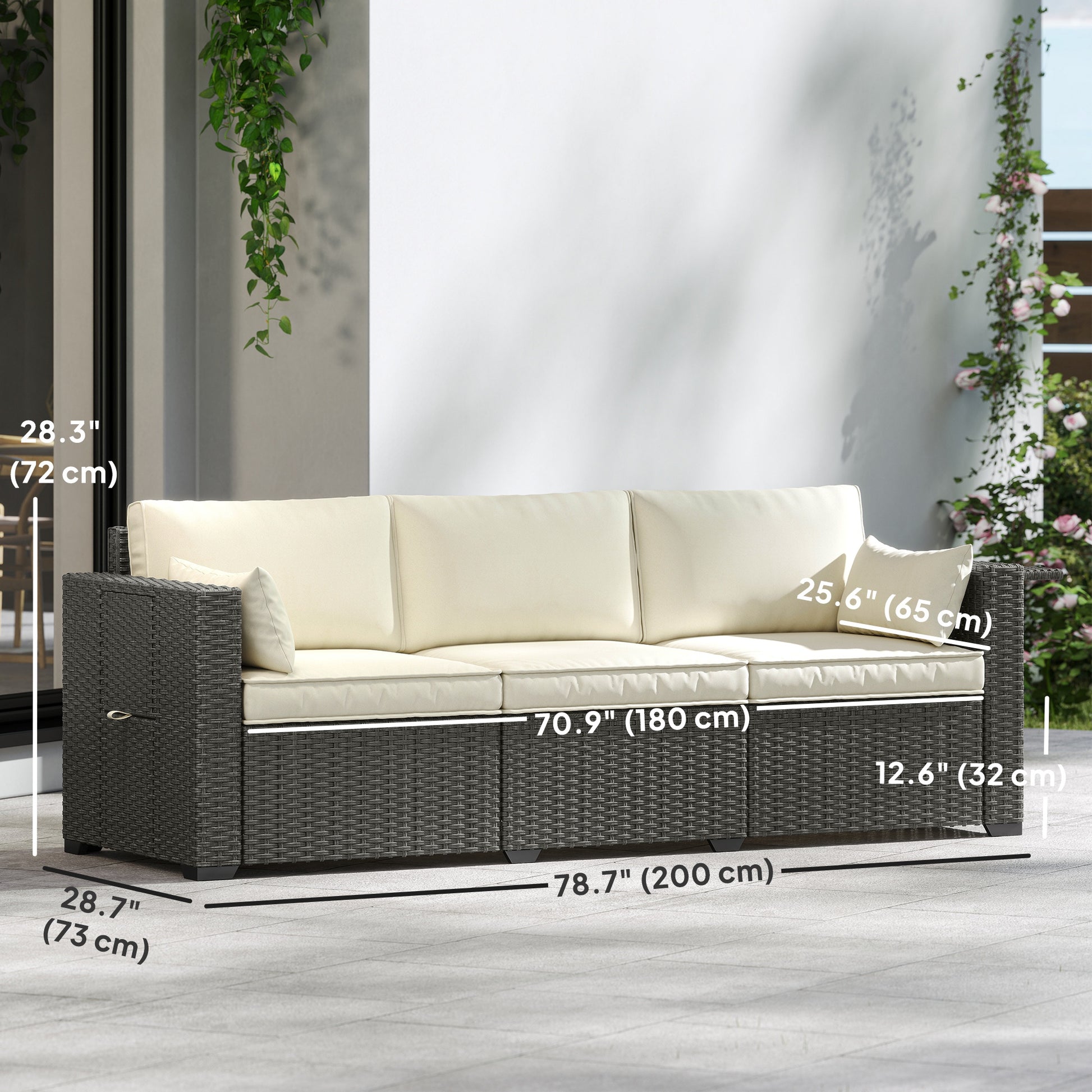 Aosom 3-Seater Wicker Patio Sofa with Side Trays - Cream White-DECOROLALA