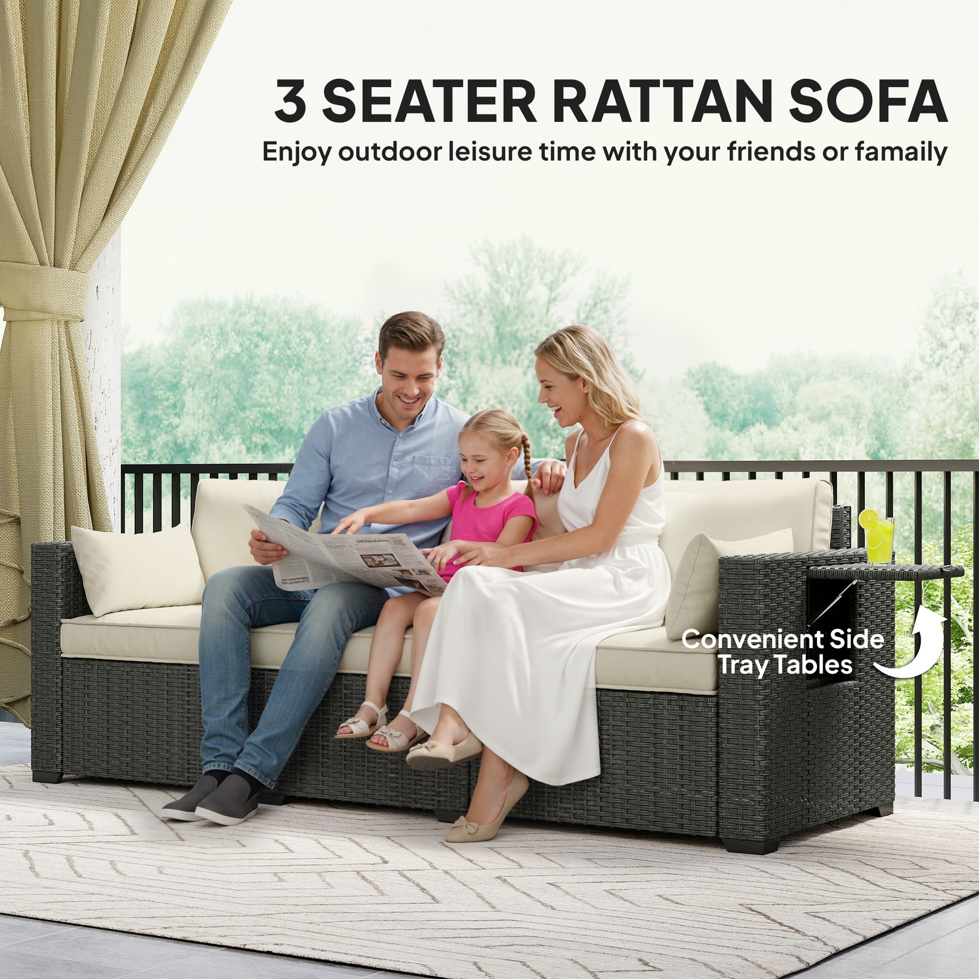 Aosom 3-Seater Wicker Patio Sofa with Side Trays - Cream White-DECOROLALA