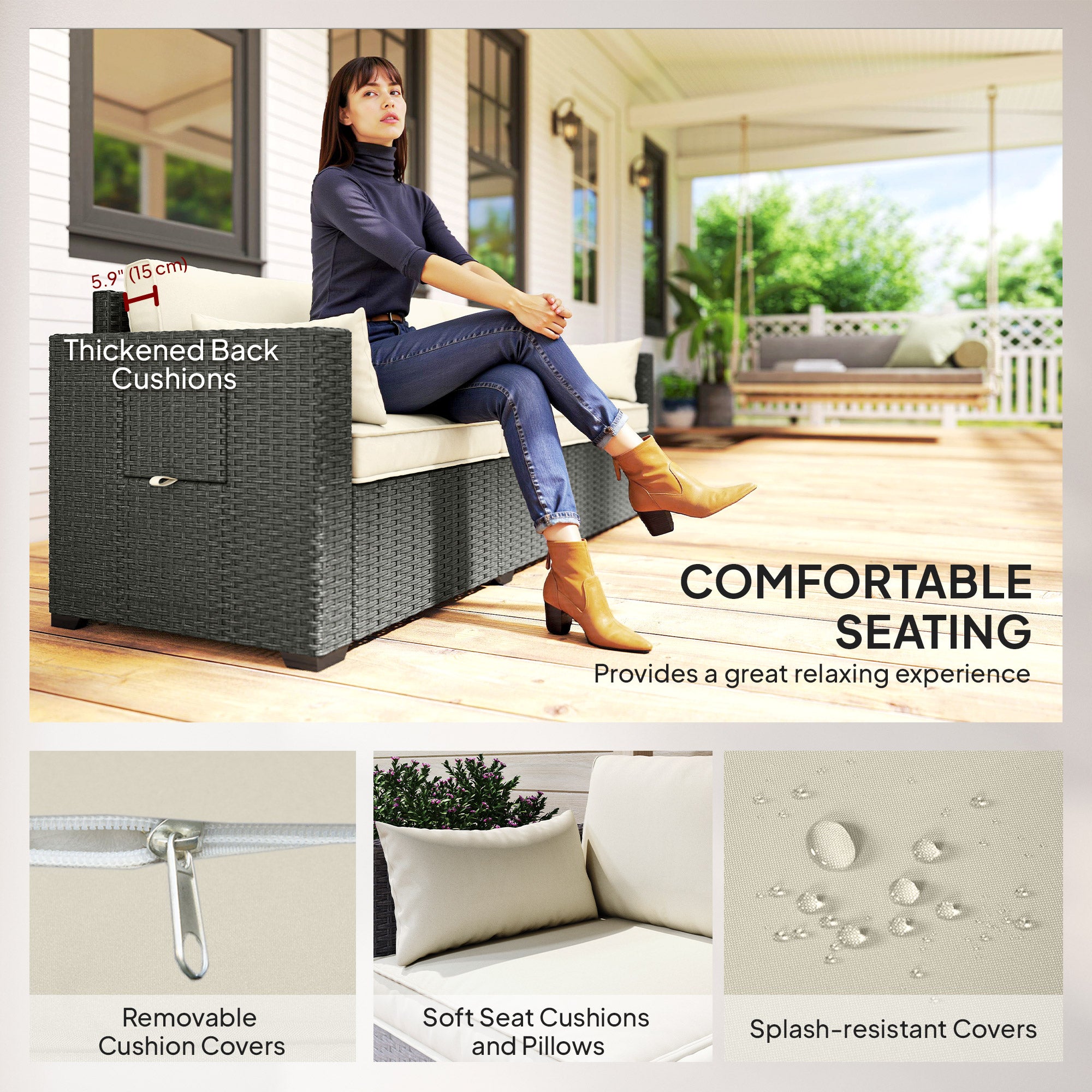 Aosom 3-Seater Wicker Patio Sofa with Side Trays - Cream White-DECOROLALA