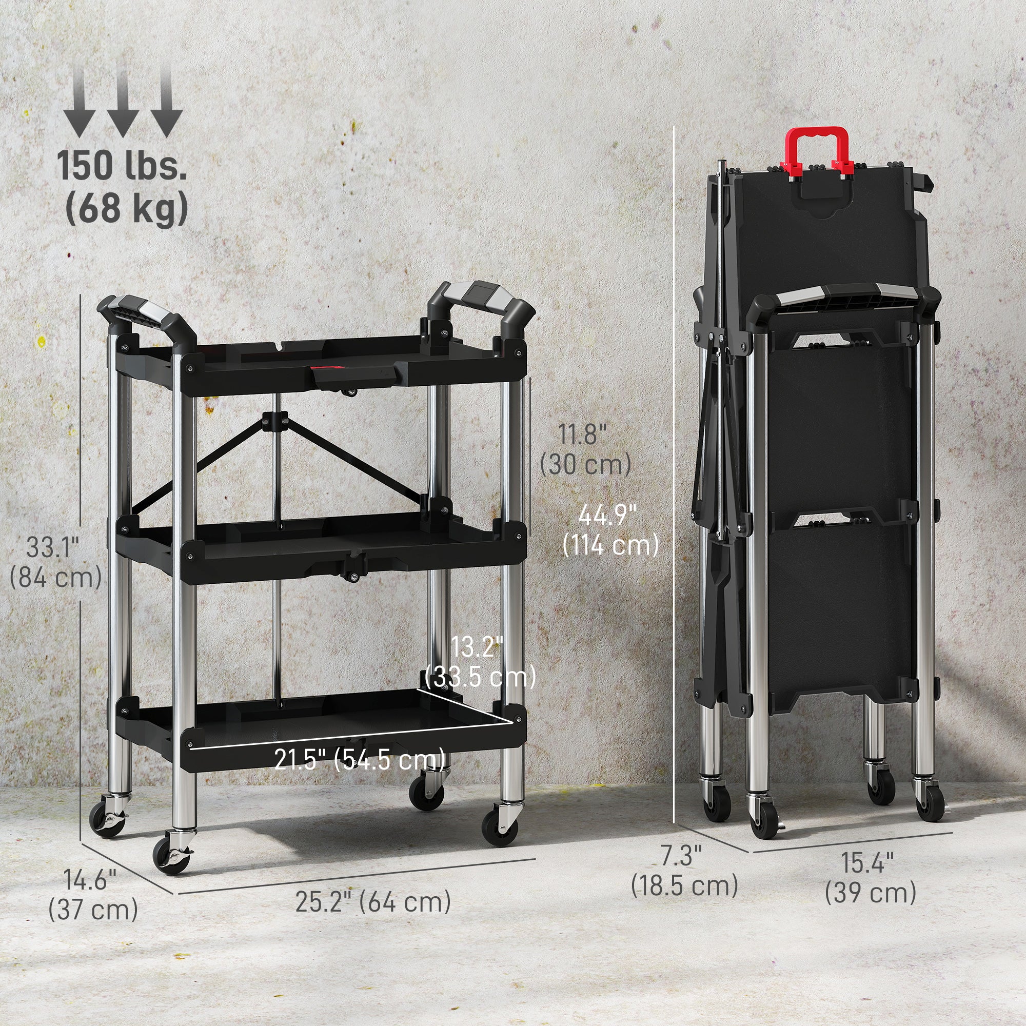 Aosom 3-Tier Collapsible Utility Tool Cart - 150 lbs Black-Home Improvement > Tools-DECOROLALA