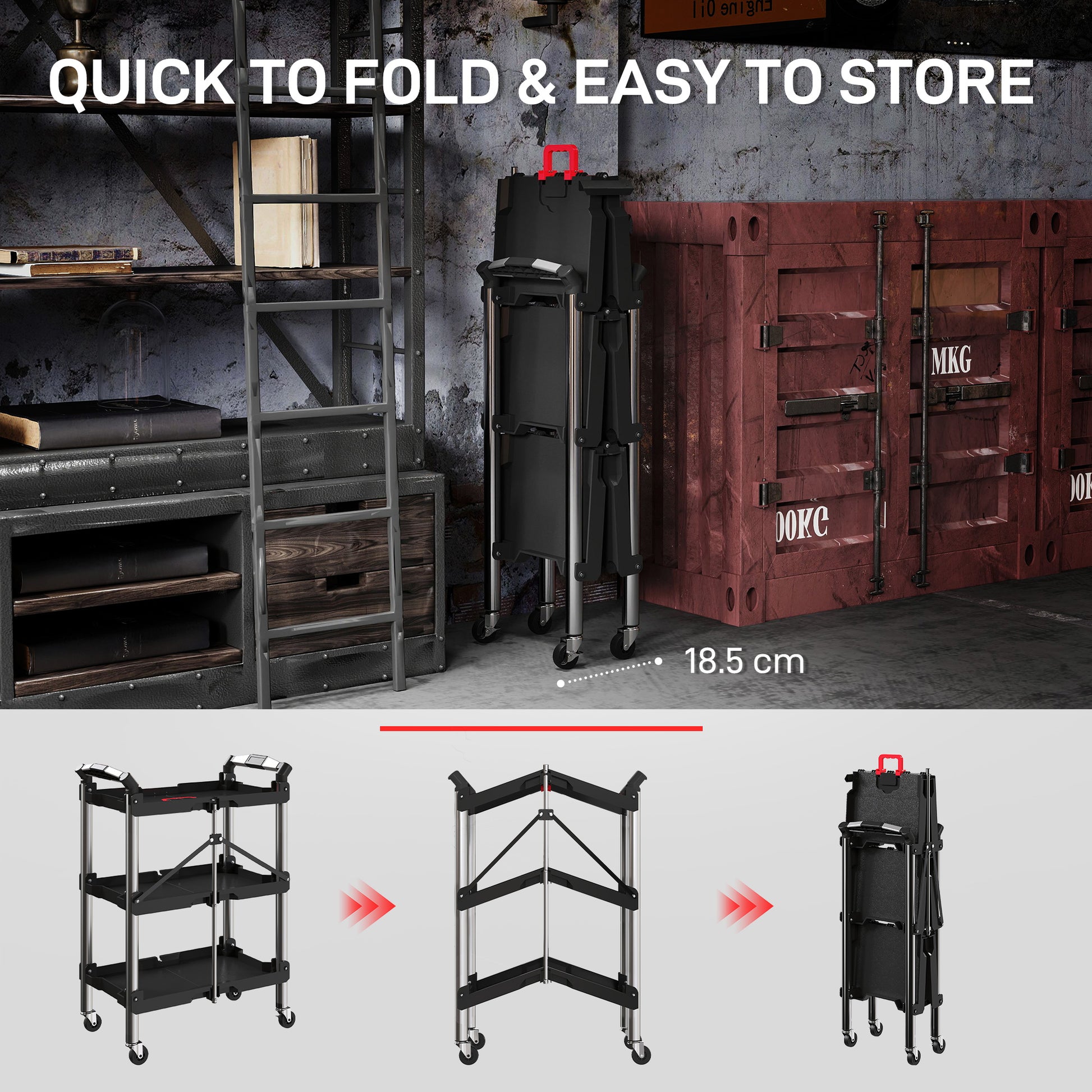Aosom 3-Tier Collapsible Utility Tool Cart - 150 lbs Black-Home Improvement > Tools-DECOROLALA