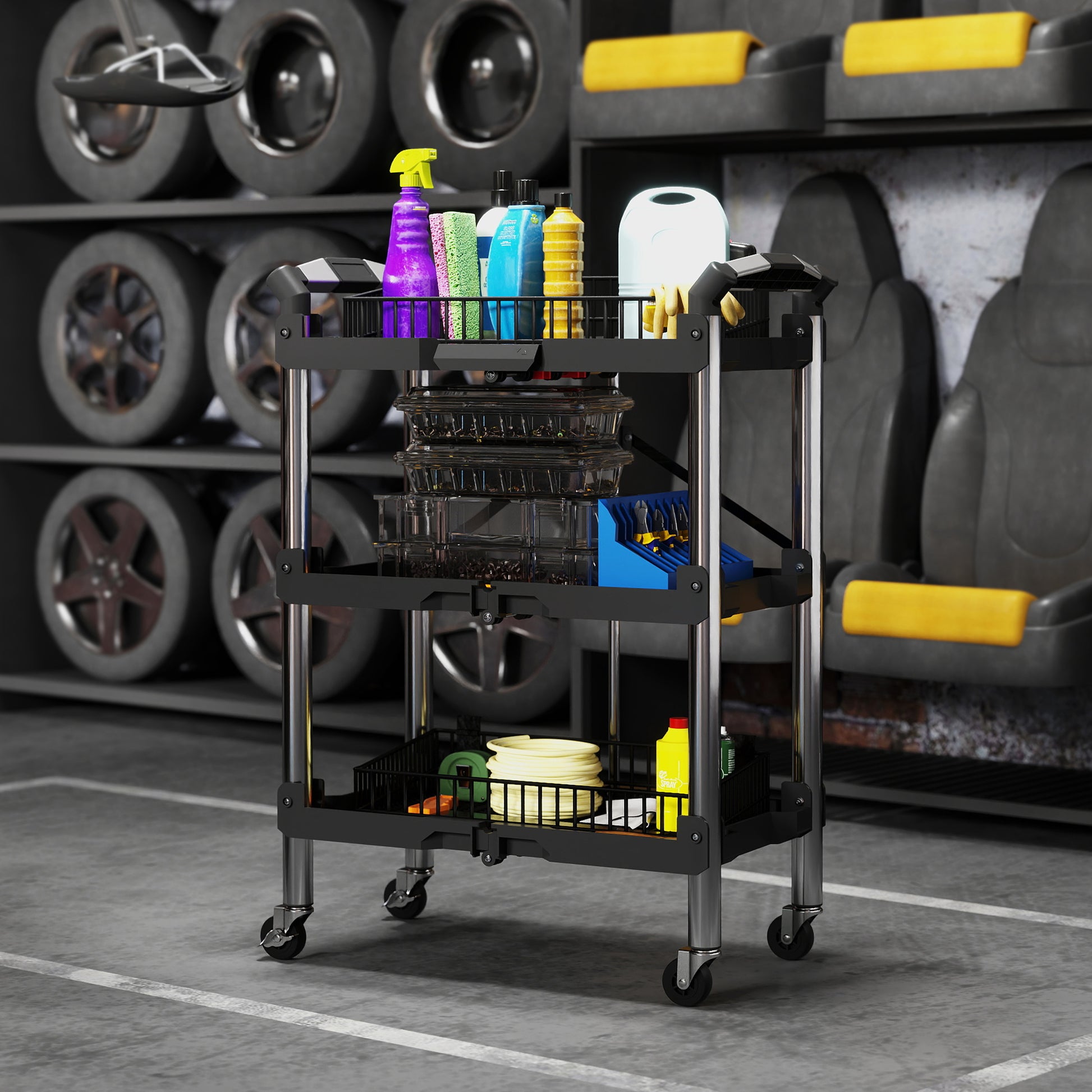 Aosom 3-Tier Collapsible Utility Tool Cart - 150 lbs Black-Home Improvement > Tools-DECOROLALA