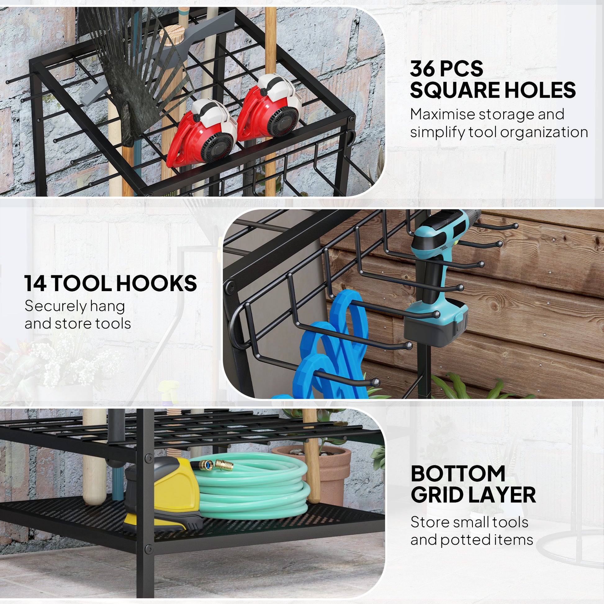 Aosom 3-Tier Garden Tool Organizer Rack - Black Metal 14 Hooks-Patio & Garden > Lawn & Garden > Garden Accessories-DECOROLALA