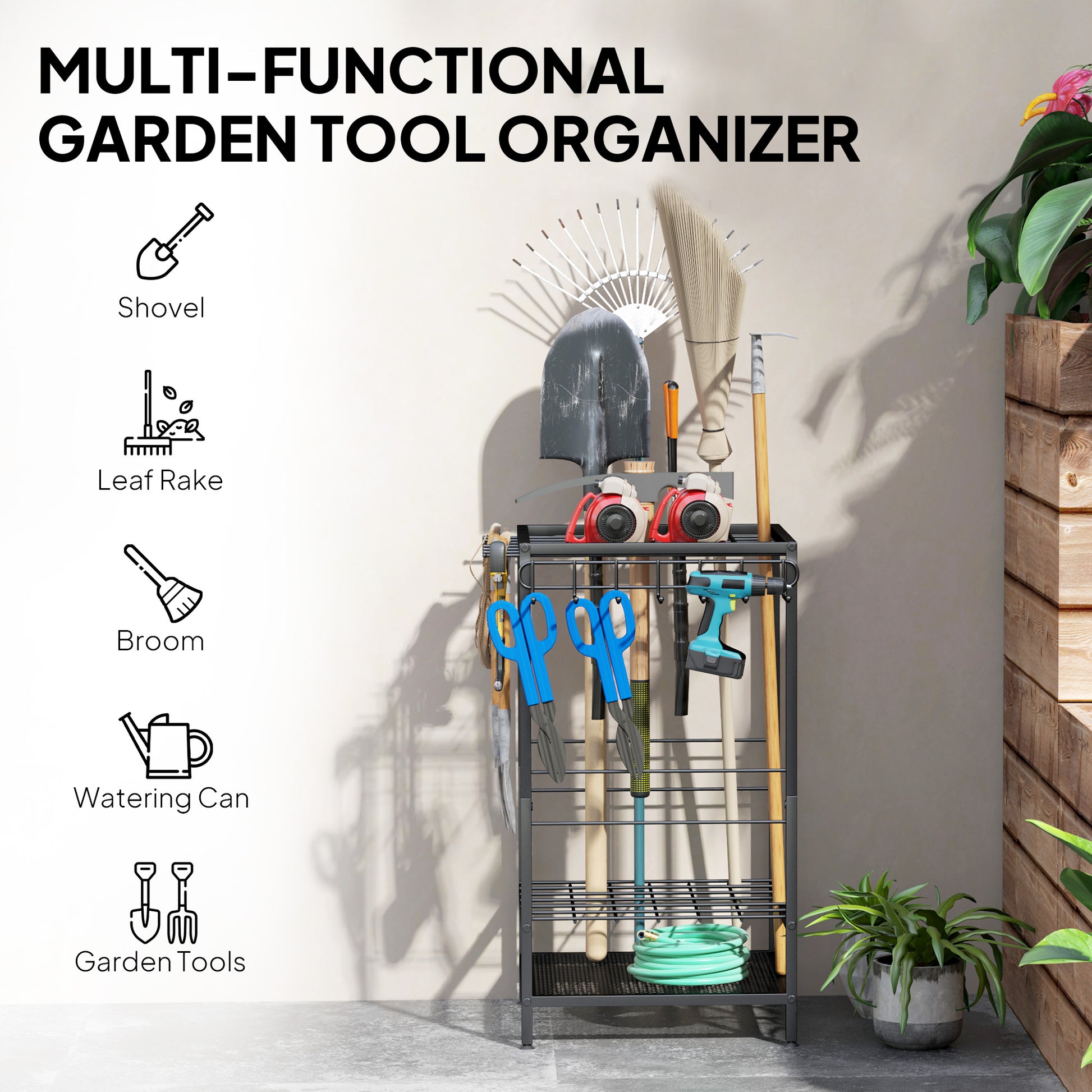 Aosom 3-Tier Garden Tool Organizer Rack - Black Metal 14 Hooks-Patio & Garden > Lawn & Garden > Garden Accessories-DECOROLALA