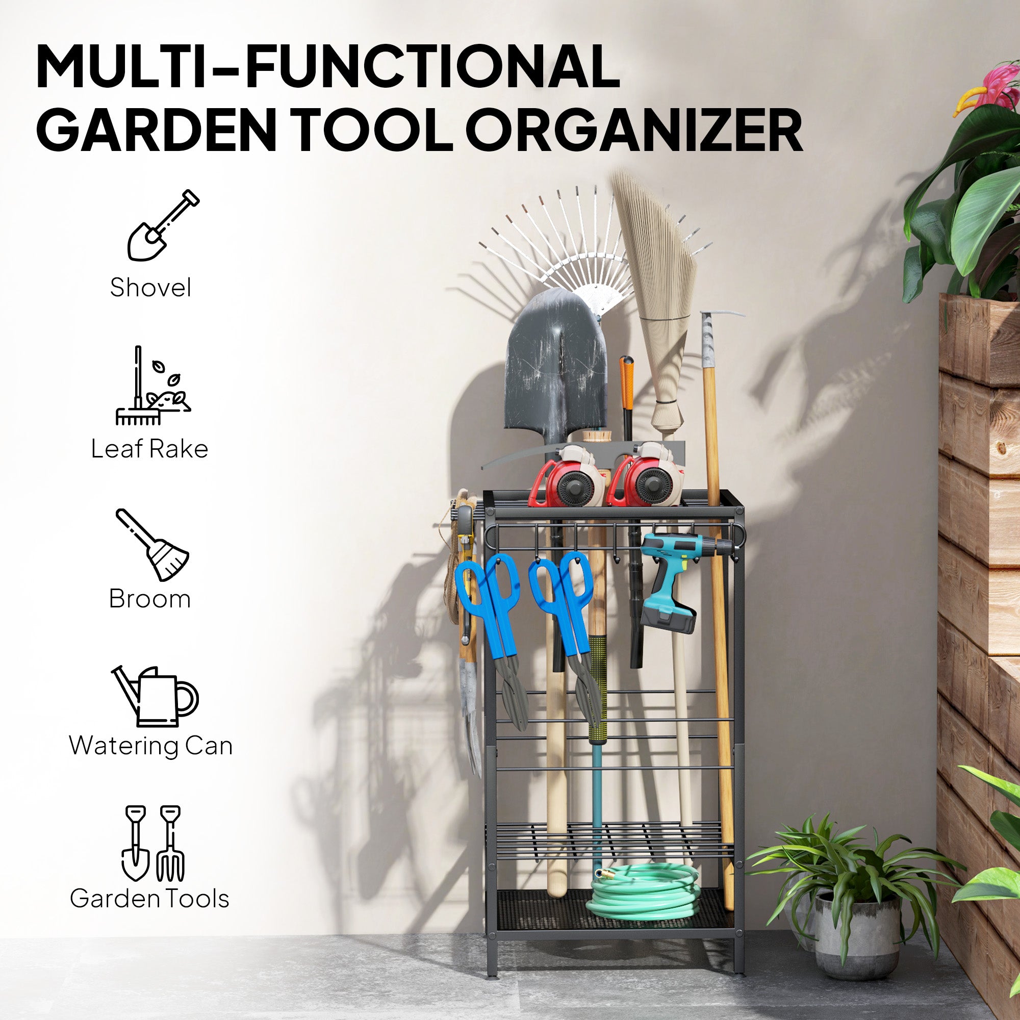 Aosom 3-Tier Garden Tool Organizer Rack - Black Metal 14 Hooks-Patio & Garden > Lawn & Garden > Garden Accessories-DECOROLALA