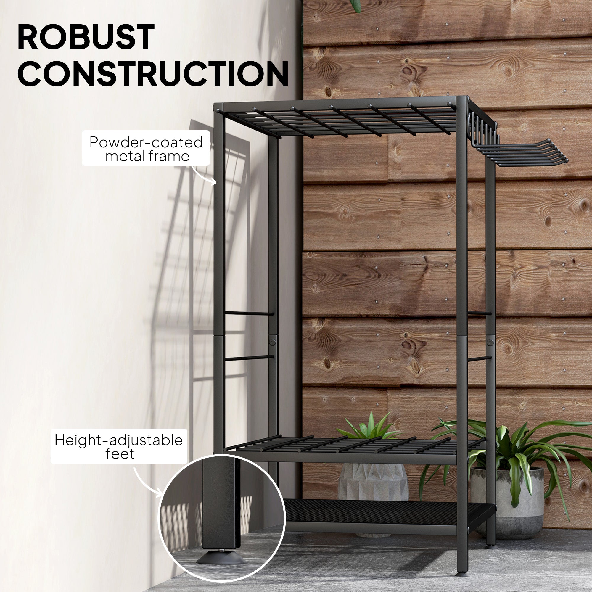 Aosom 3-Tier Garden Tool Organizer Rack - Black Metal 14 Hooks-Patio & Garden > Lawn & Garden > Garden Accessories-DECOROLALA