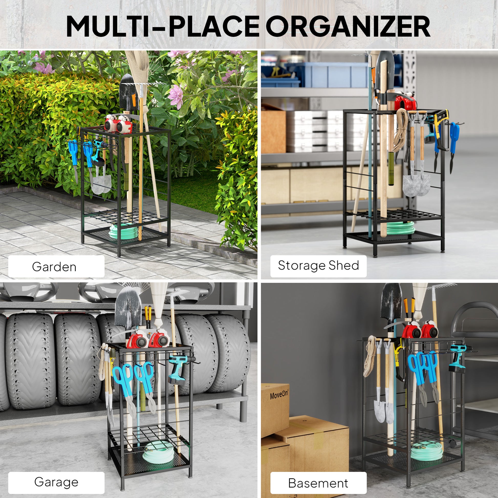 Aosom 3-Tier Garden Tool Organizer Rack - Black Metal 14 Hooks-Patio & Garden > Lawn & Garden > Garden Accessories-DECOROLALA