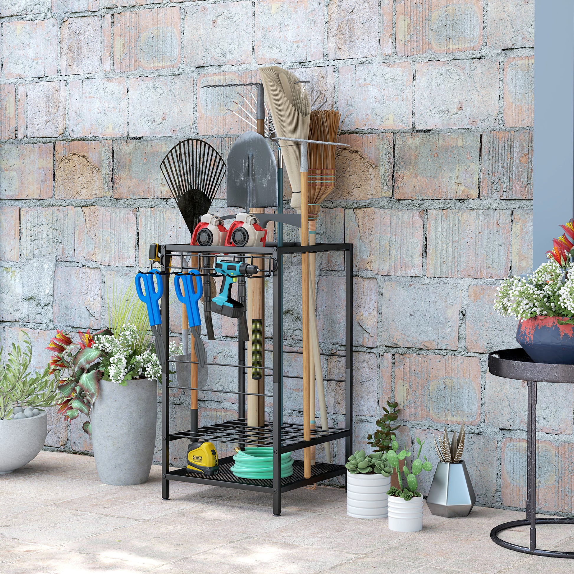 Aosom 3-Tier Garden Tool Organizer Rack - Black Metal 14 Hooks-Patio & Garden > Lawn & Garden > Garden Accessories-DECOROLALA