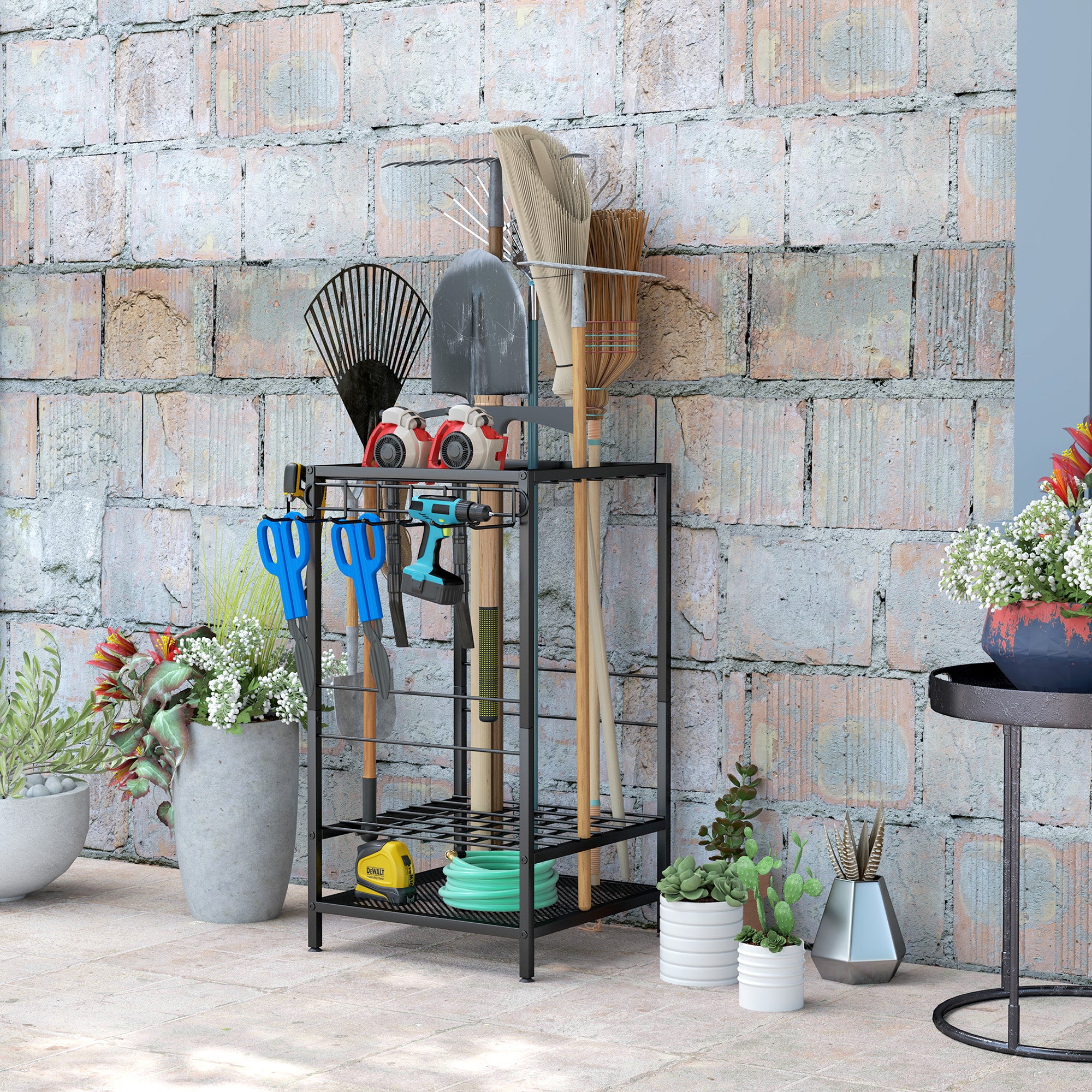 Aosom 3-Tier Garden Tool Organizer Rack - Black Metal 14 Hooks-Patio & Garden > Lawn & Garden > Garden Accessories-DECOROLALA