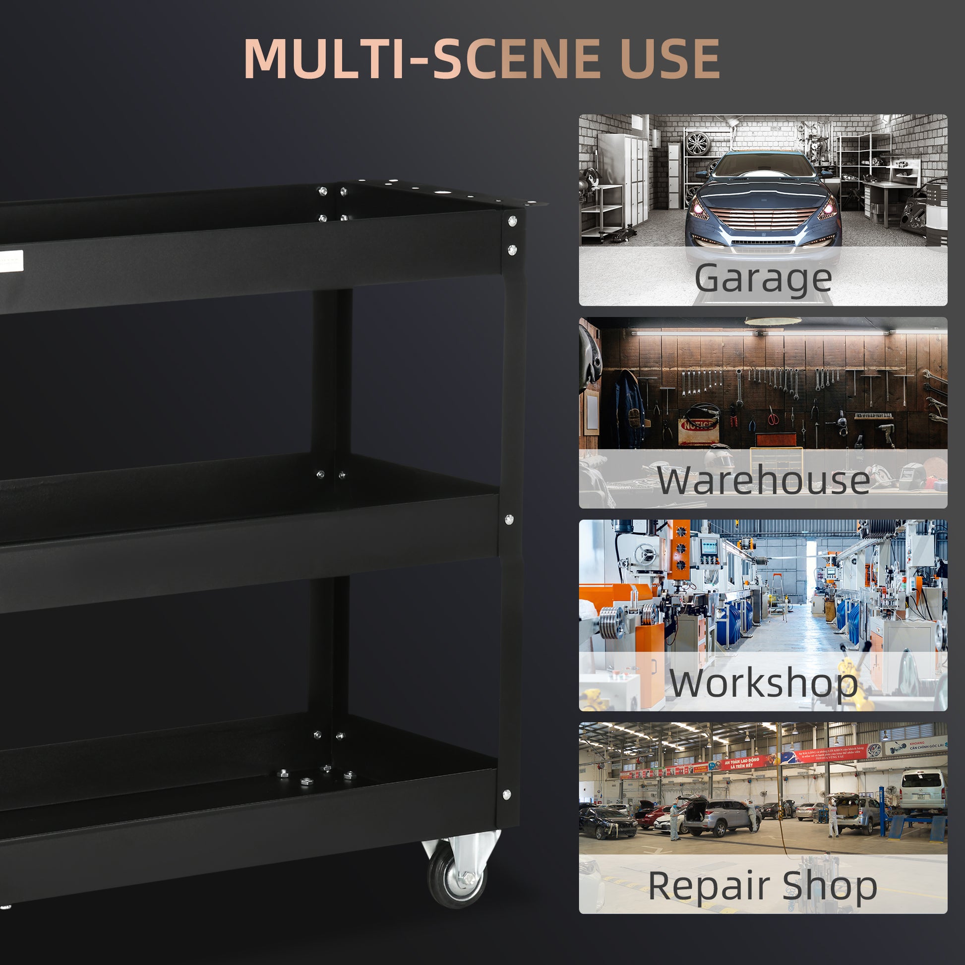 Aosom 3-Tier Rolling Steel Tool Cart - 330 lbs Capacity, Black-Home Improvement > Tools > Tool Organizers-DECOROLALA