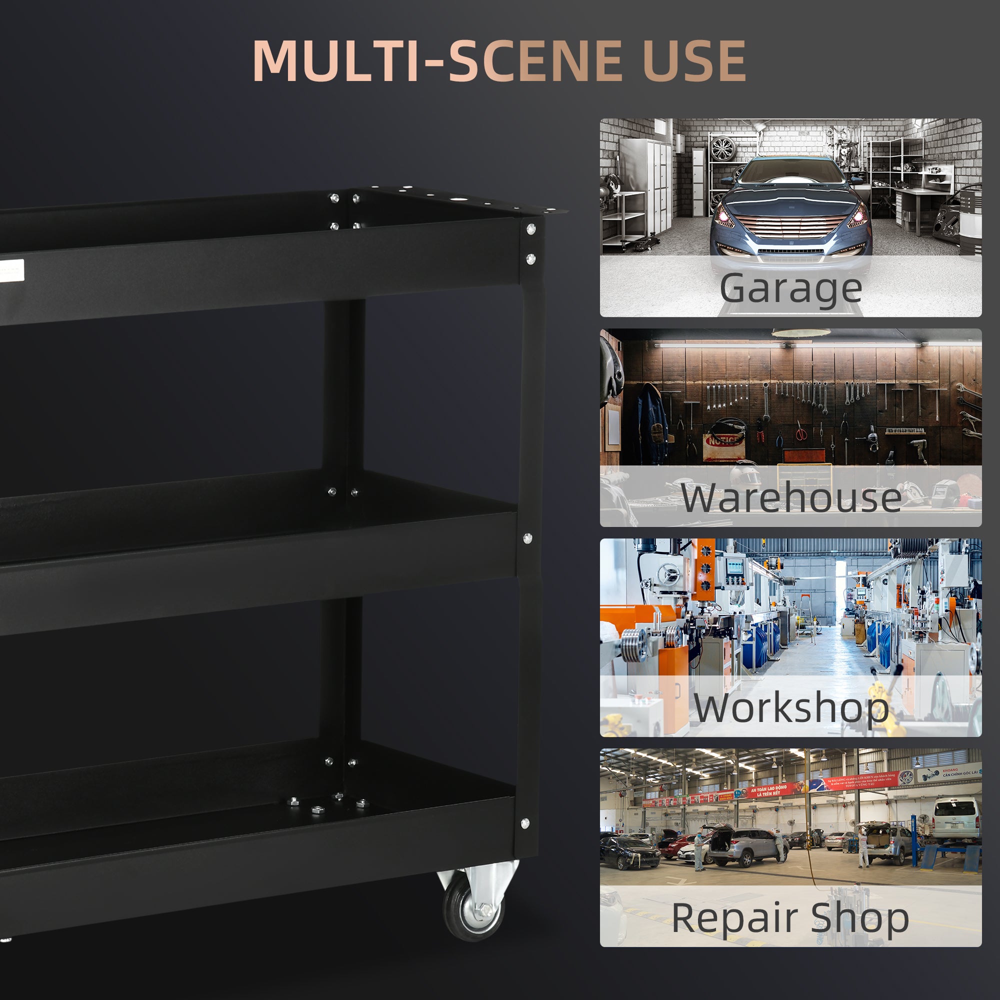 Aosom 3-Tier Rolling Steel Tool Cart - 330 lbs Capacity, Black-Home Improvement > Tools > Tool Organizers-DECOROLALA