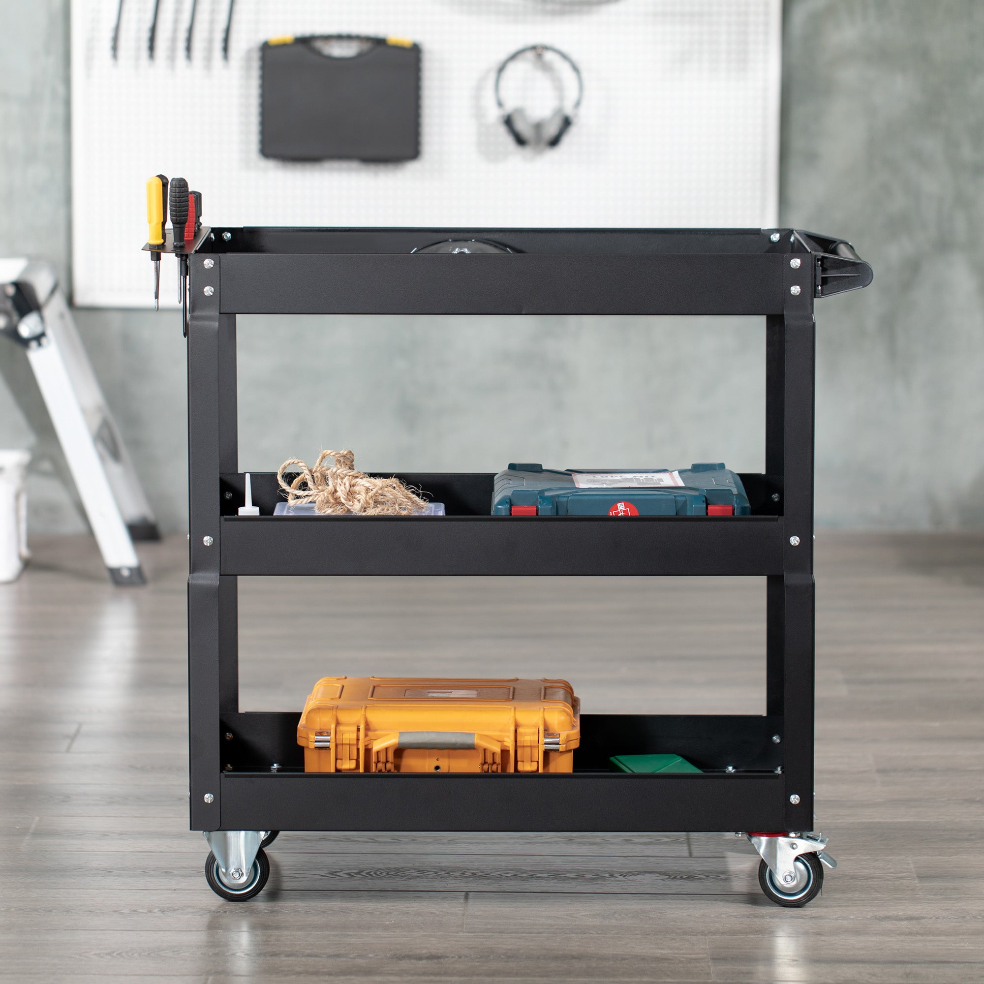 Aosom 3-Tier Rolling Steel Tool Cart - 330 lbs Capacity, Black-Home Improvement > Tools > Tool Organizers-DECOROLALA