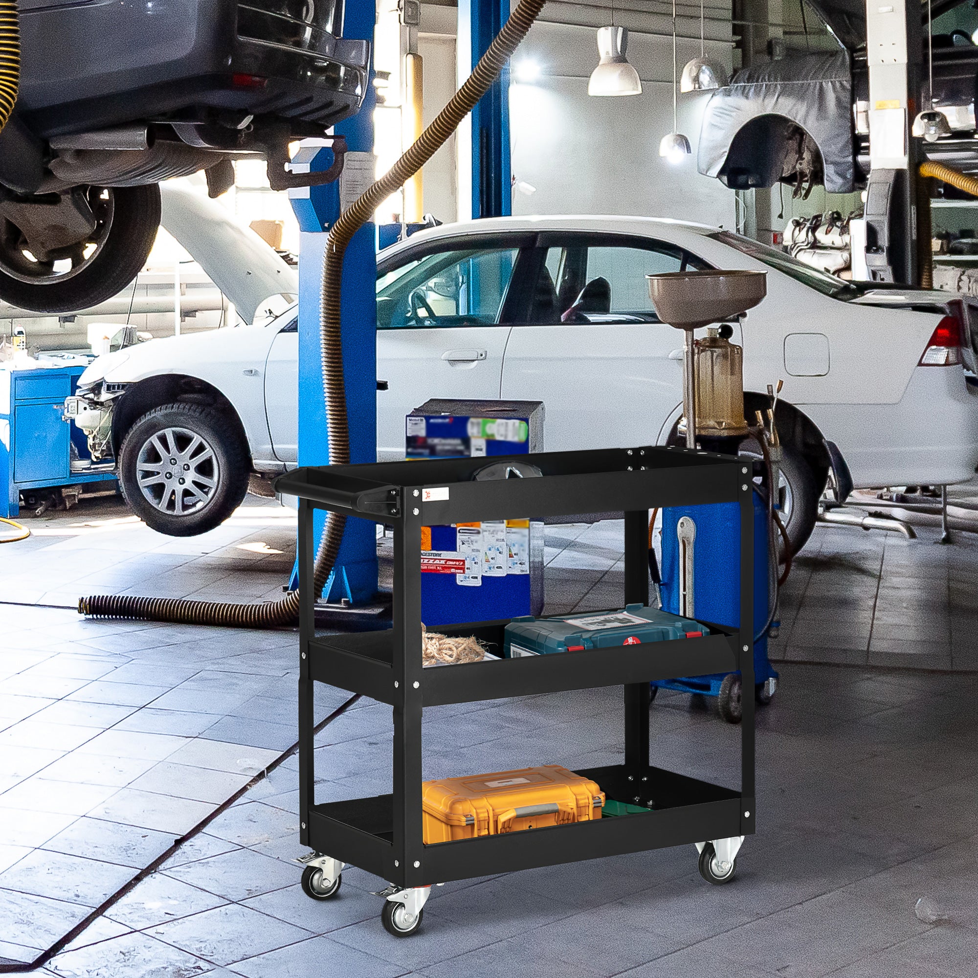 Aosom 3-Tier Rolling Steel Tool Cart - 330 lbs Capacity, Black-Home Improvement > Tools > Tool Organizers-DECOROLALA