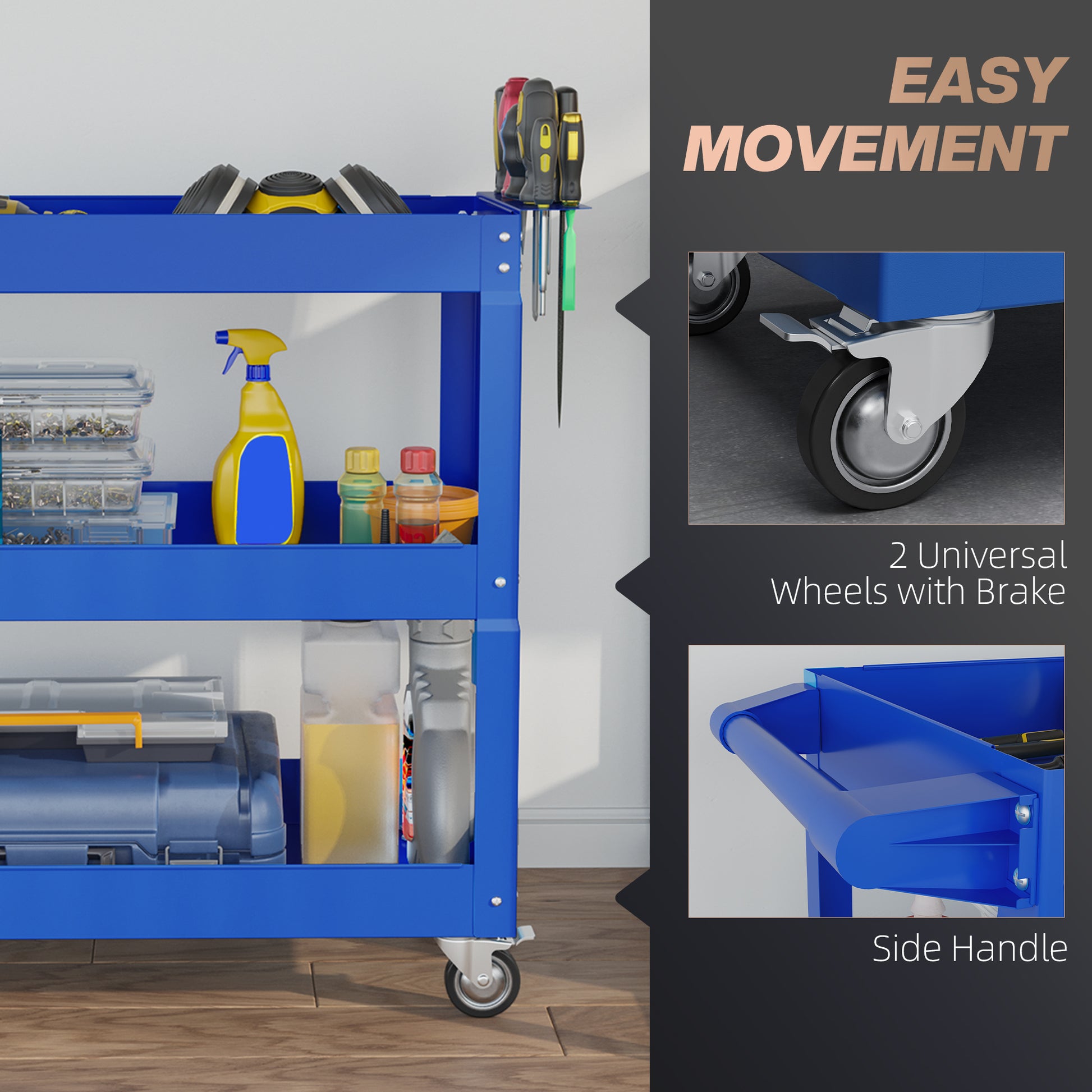 Aosom 3-Tier Rolling Steel Tool Cart - 330 lbs Capacity Blue-Home Improvement > Tools > Tool Organizers-DECOROLALA