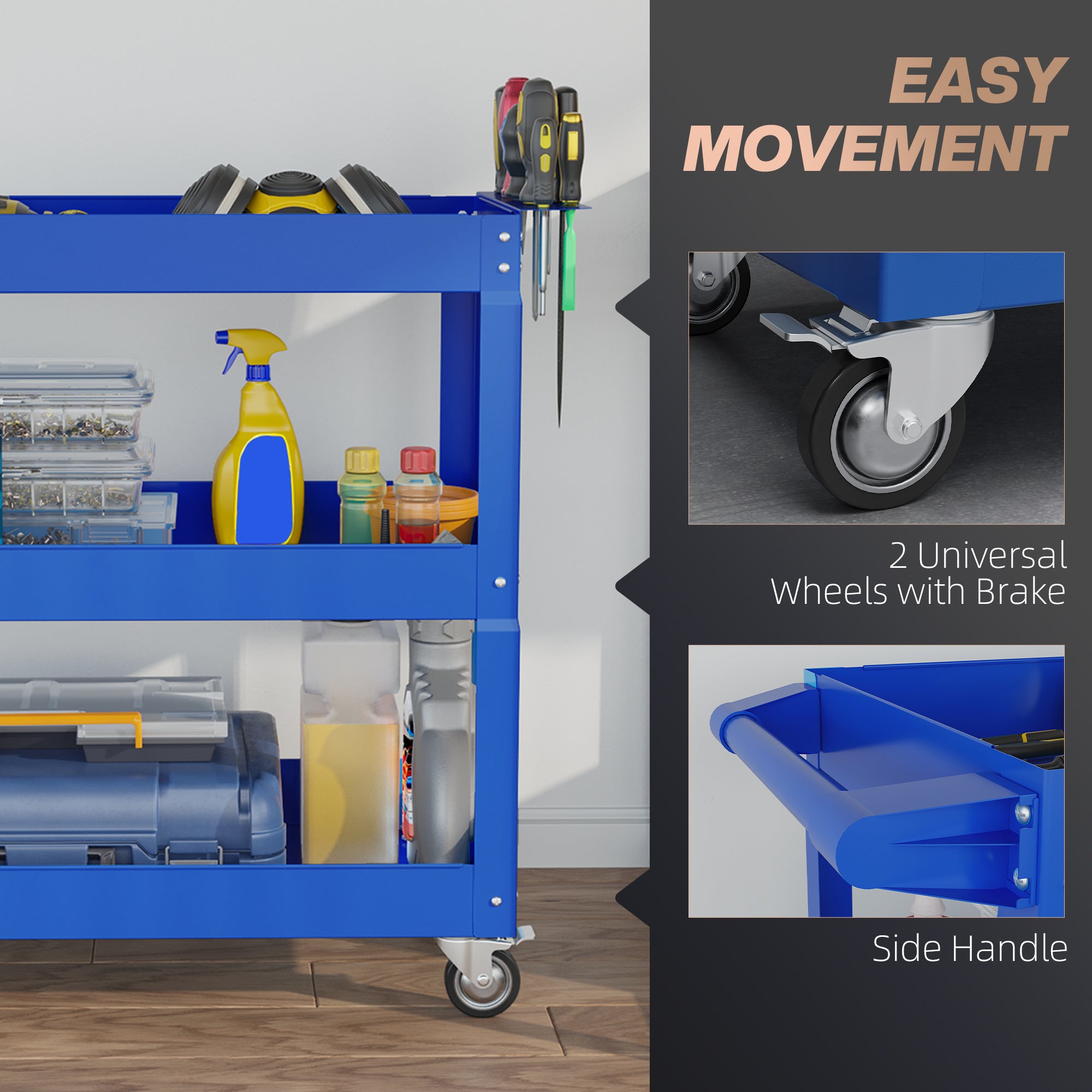 Aosom 3-Tier Rolling Steel Tool Cart - 330 lbs Capacity Blue-Home Improvement > Tools > Tool Organizers-DECOROLALA