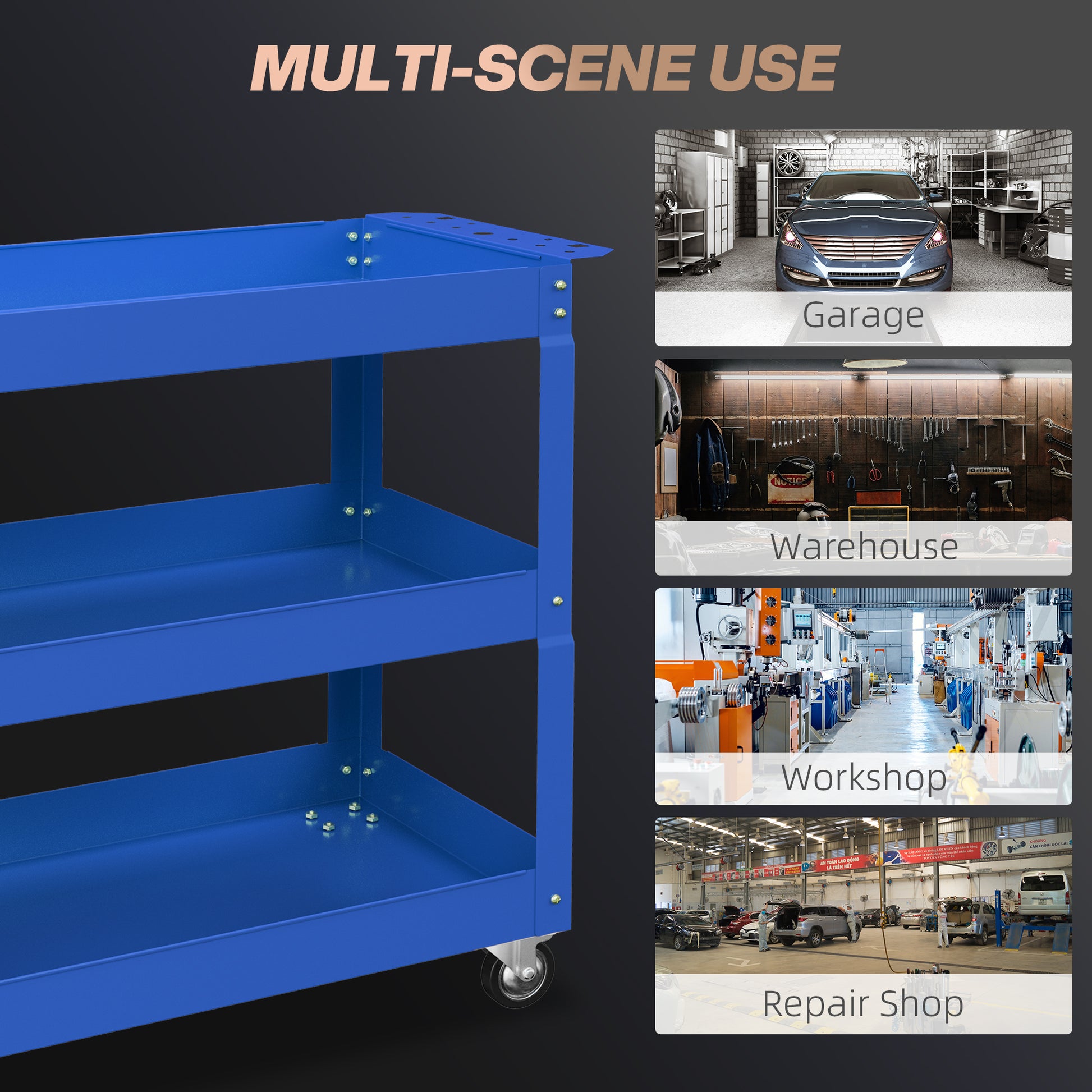 Aosom 3-Tier Rolling Steel Tool Cart - 330 lbs Capacity Blue-Home Improvement > Tools > Tool Organizers-DECOROLALA