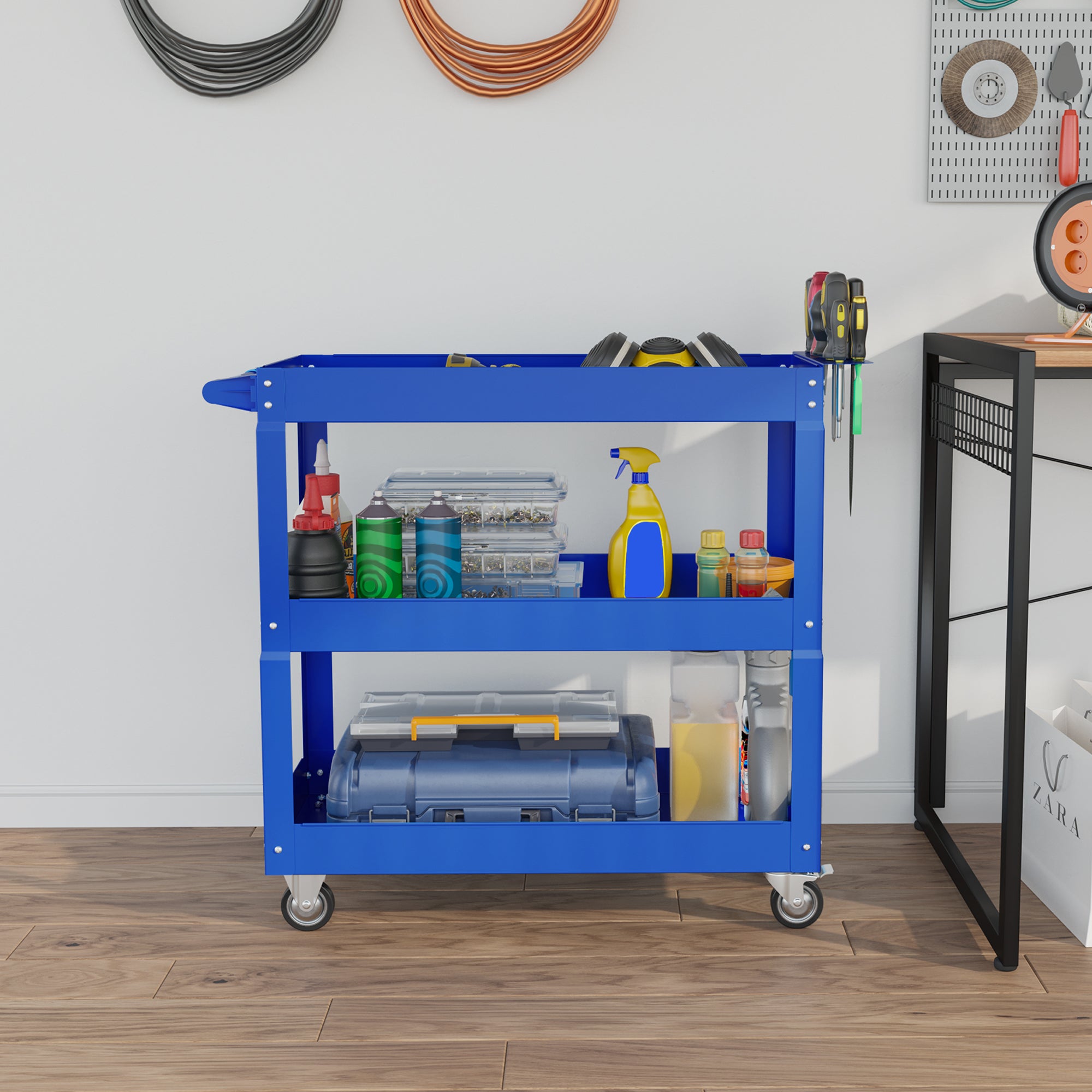 Aosom 3-Tier Rolling Steel Tool Cart - 330 lbs Capacity Blue-Home Improvement > Tools > Tool Organizers-DECOROLALA