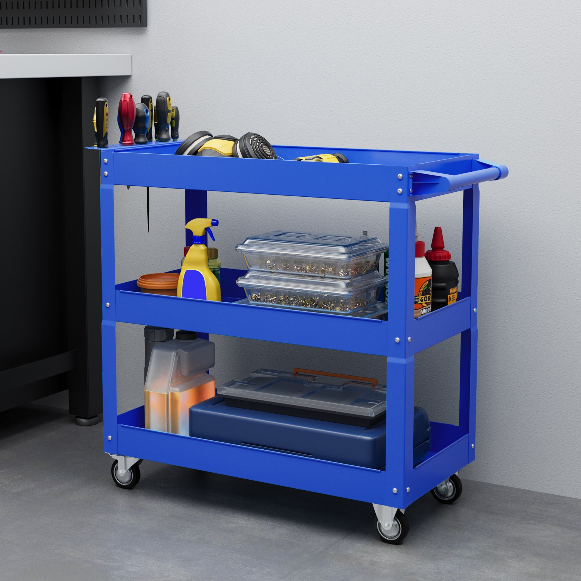 Aosom 3-Tier Rolling Steel Tool Cart - 330 lbs Capacity Blue-Home Improvement > Tools > Tool Organizers-DECOROLALA