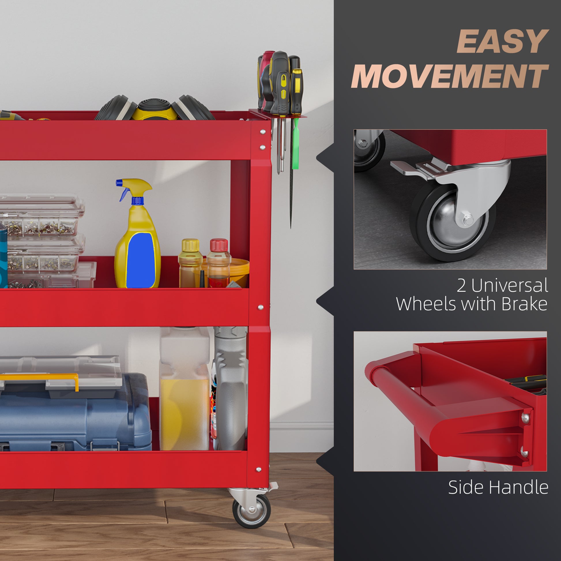 Aosom 3-Tier Rolling Tool Cart - 330 lbs Capacity Steel Red-Home Improvement > Tools > Tool Organizers-DECOROLALA