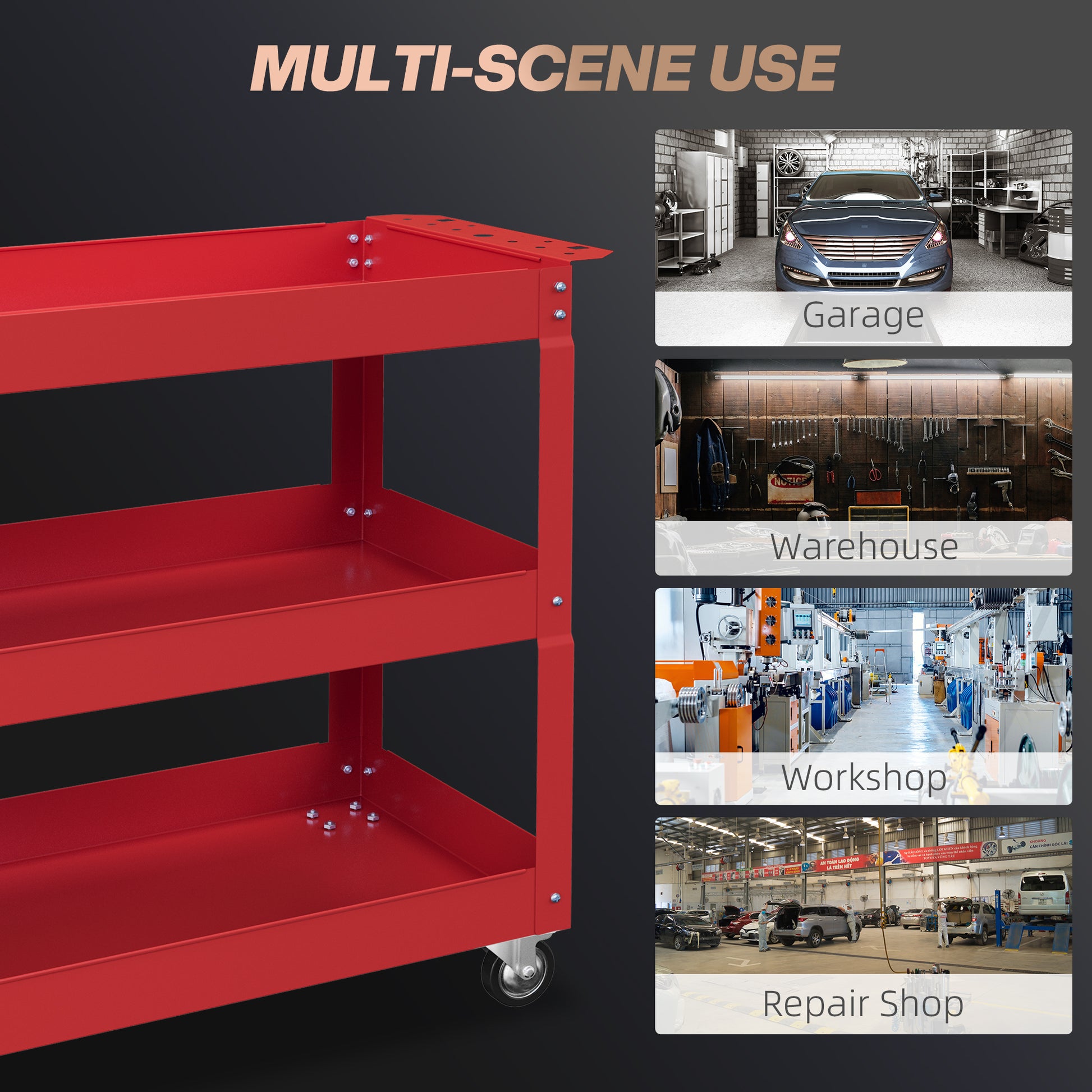 Aosom 3-Tier Rolling Tool Cart - 330 lbs Capacity Steel Red-Home Improvement > Tools > Tool Organizers-DECOROLALA