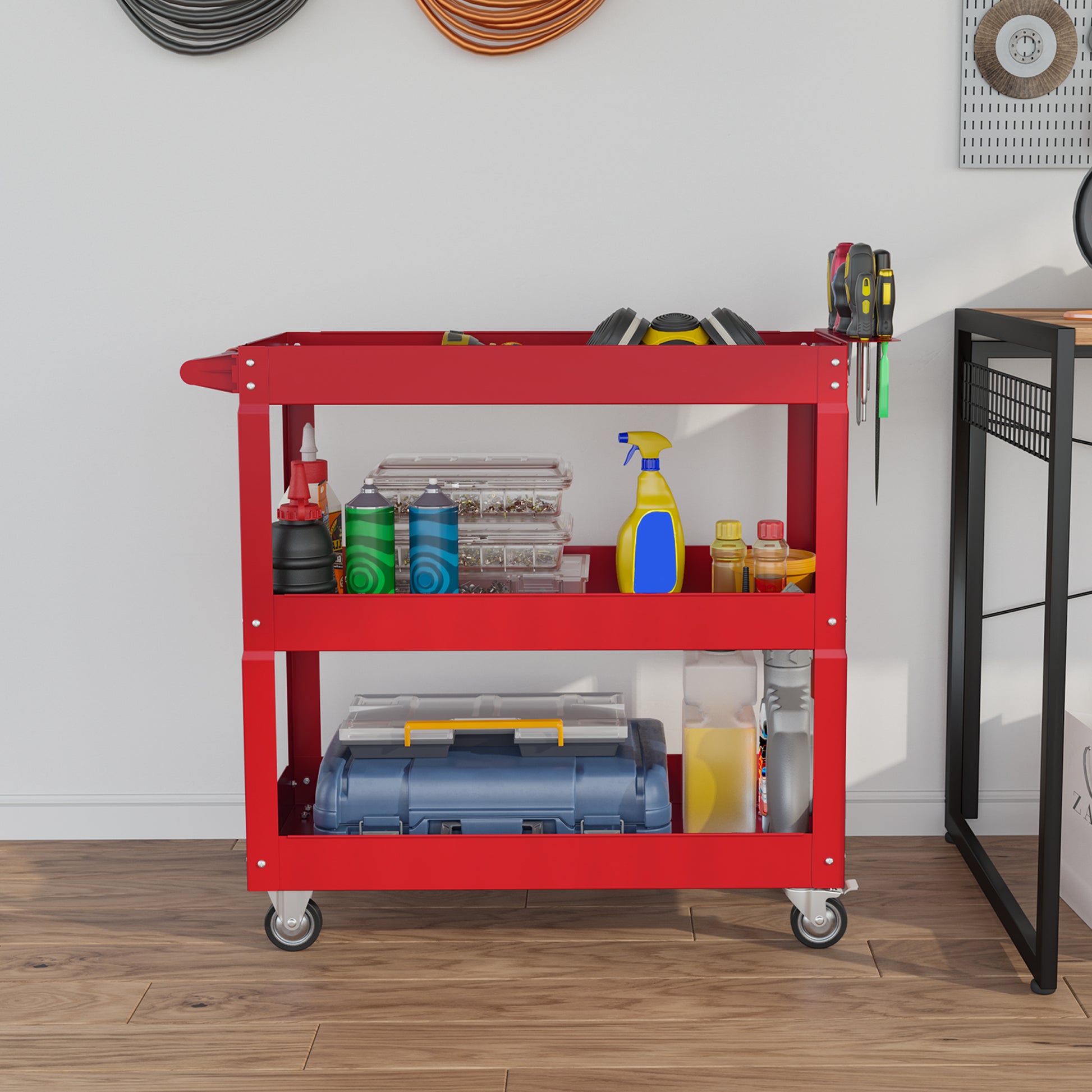 Aosom 3-Tier Rolling Tool Cart - 330 lbs Capacity Steel Red-Home Improvement > Tools > Tool Organizers-DECOROLALA