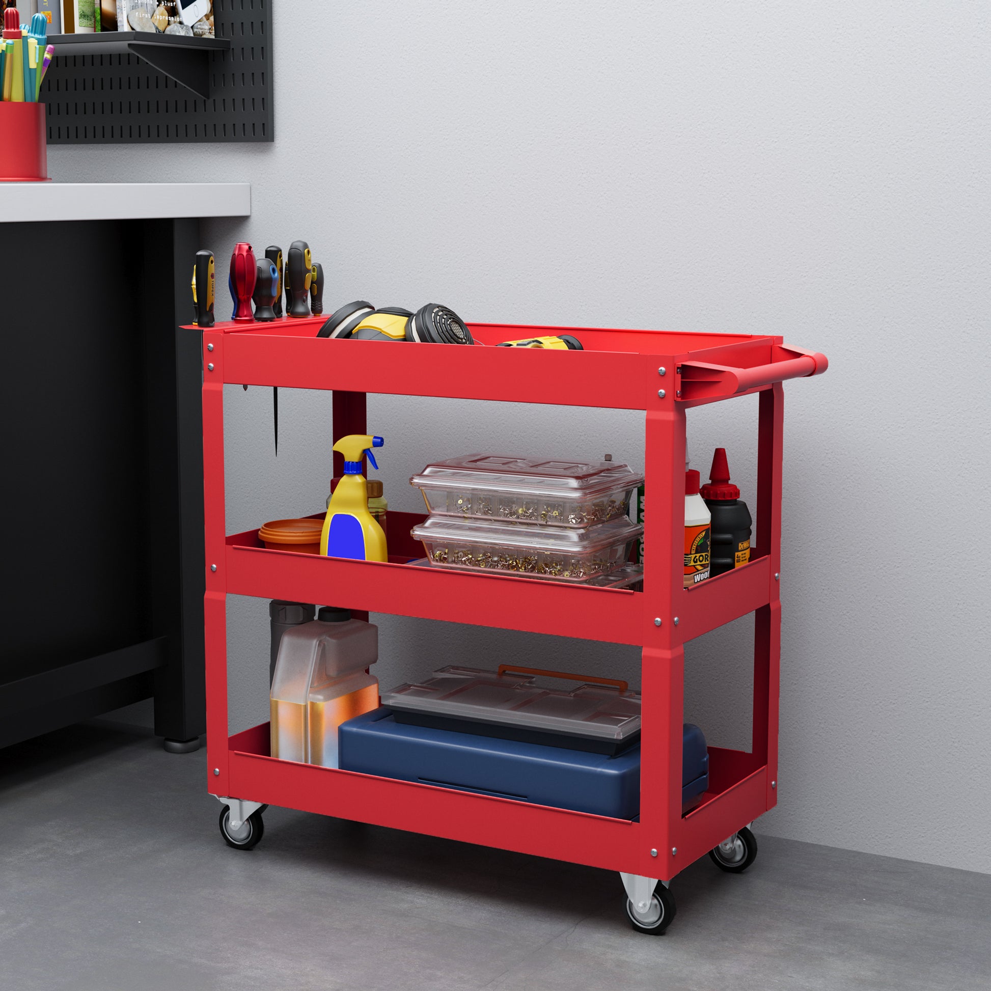 Aosom 3-Tier Rolling Tool Cart - 330 lbs Capacity Steel Red-Home Improvement > Tools > Tool Organizers-DECOROLALA