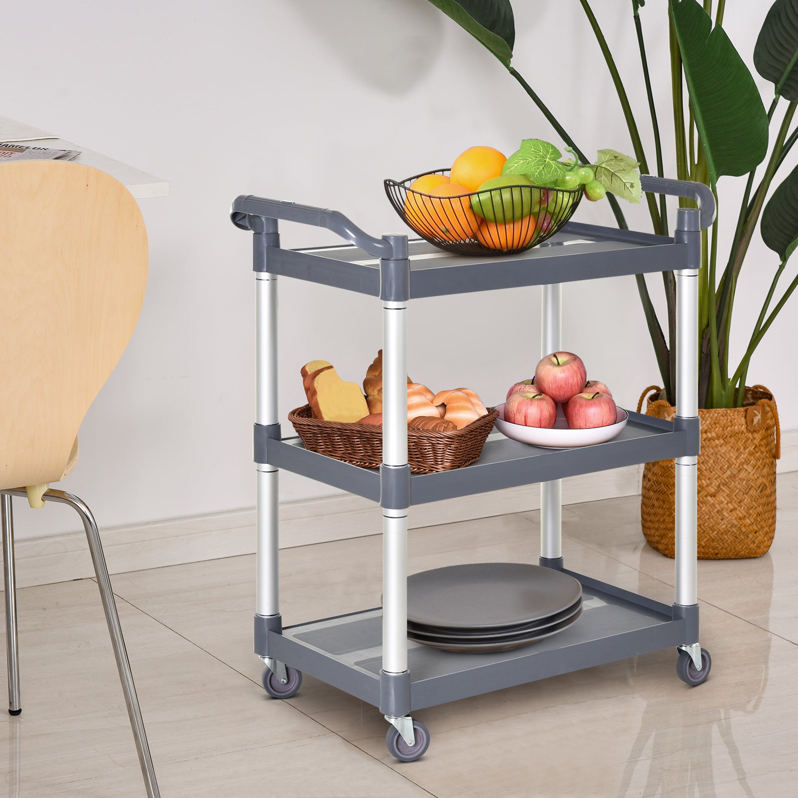 Aosom 3-Tier Rolling Utility Cart - Silver and Gray Aluminum-Home Furnishings > Kitchen & Dining Furniture > Kitchen Islands & Kitchen Carts-DECOROLALA