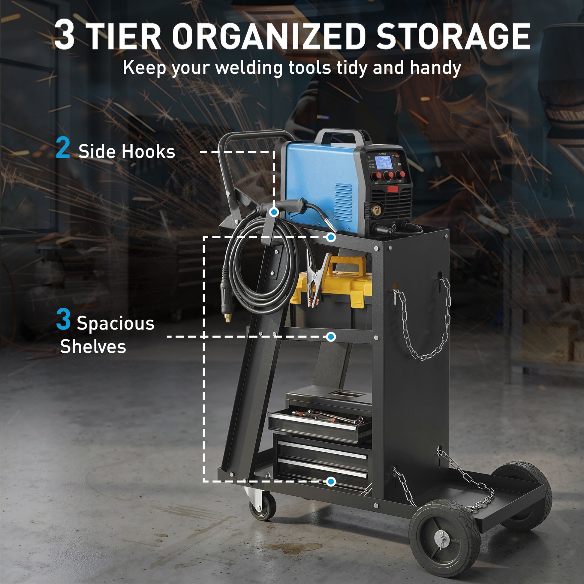Aosom 3-Tier Welding Utility Cart with Gas Cylinder Holder - Black-Home Improvement > Tools > Tool Organizers-DECOROLALA