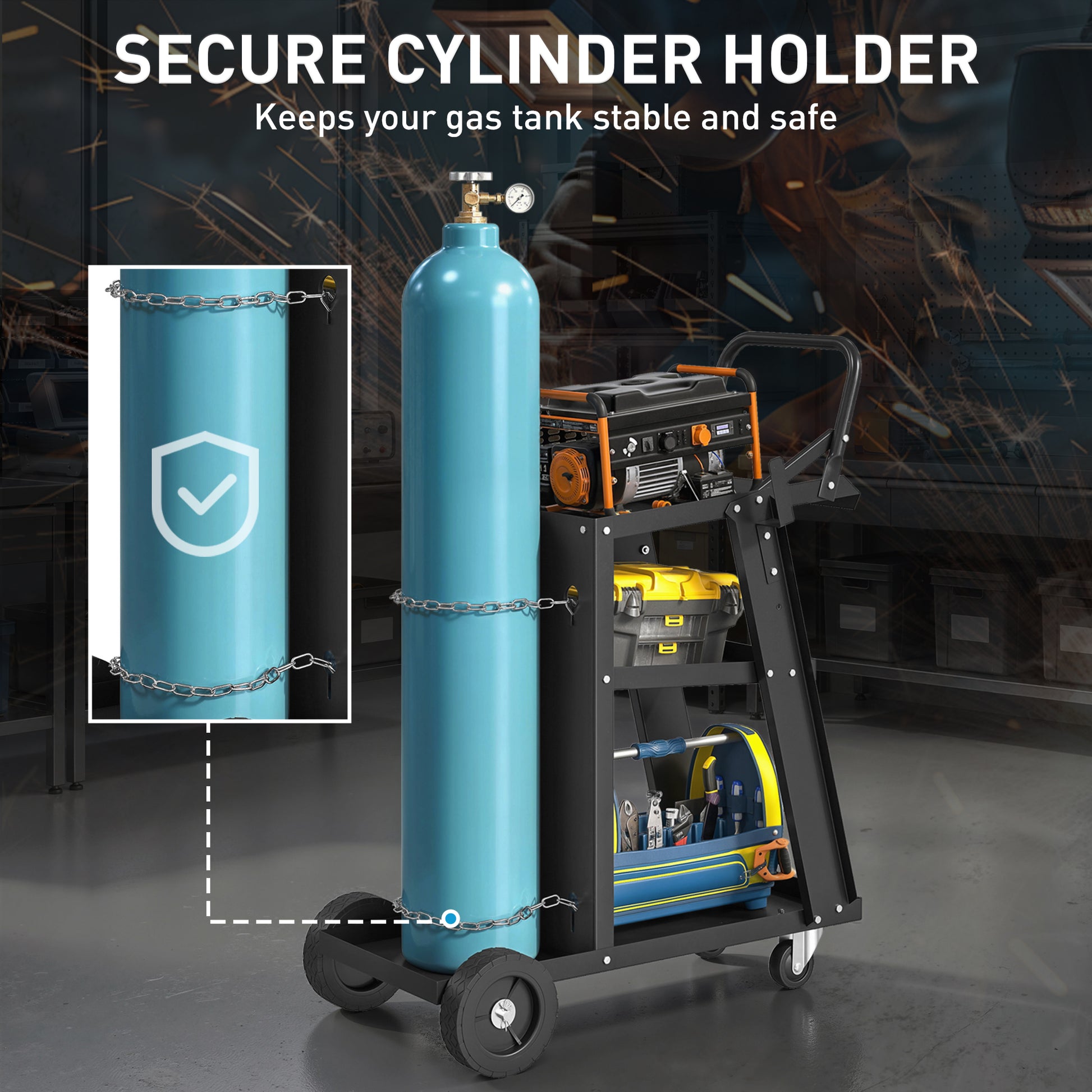 Aosom 3-Tier Welding Utility Cart with Gas Cylinder Holder - Black-Home Improvement > Tools > Tool Organizers-DECOROLALA