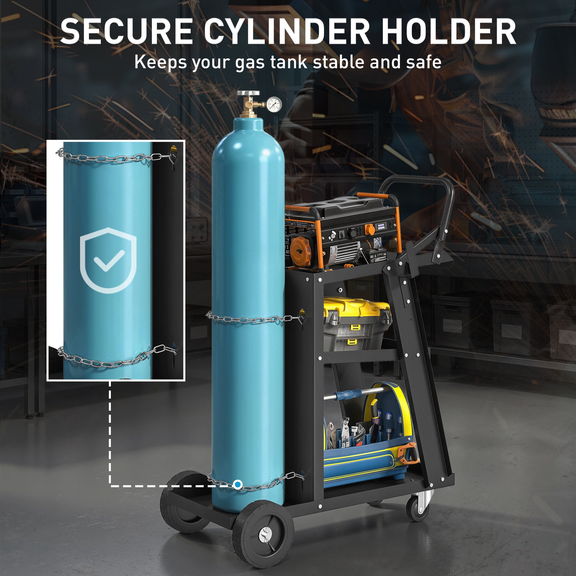 Aosom 3-Tier Welding Utility Cart with Gas Cylinder Holder - Black-Home Improvement > Tools > Tool Organizers-DECOROLALA
