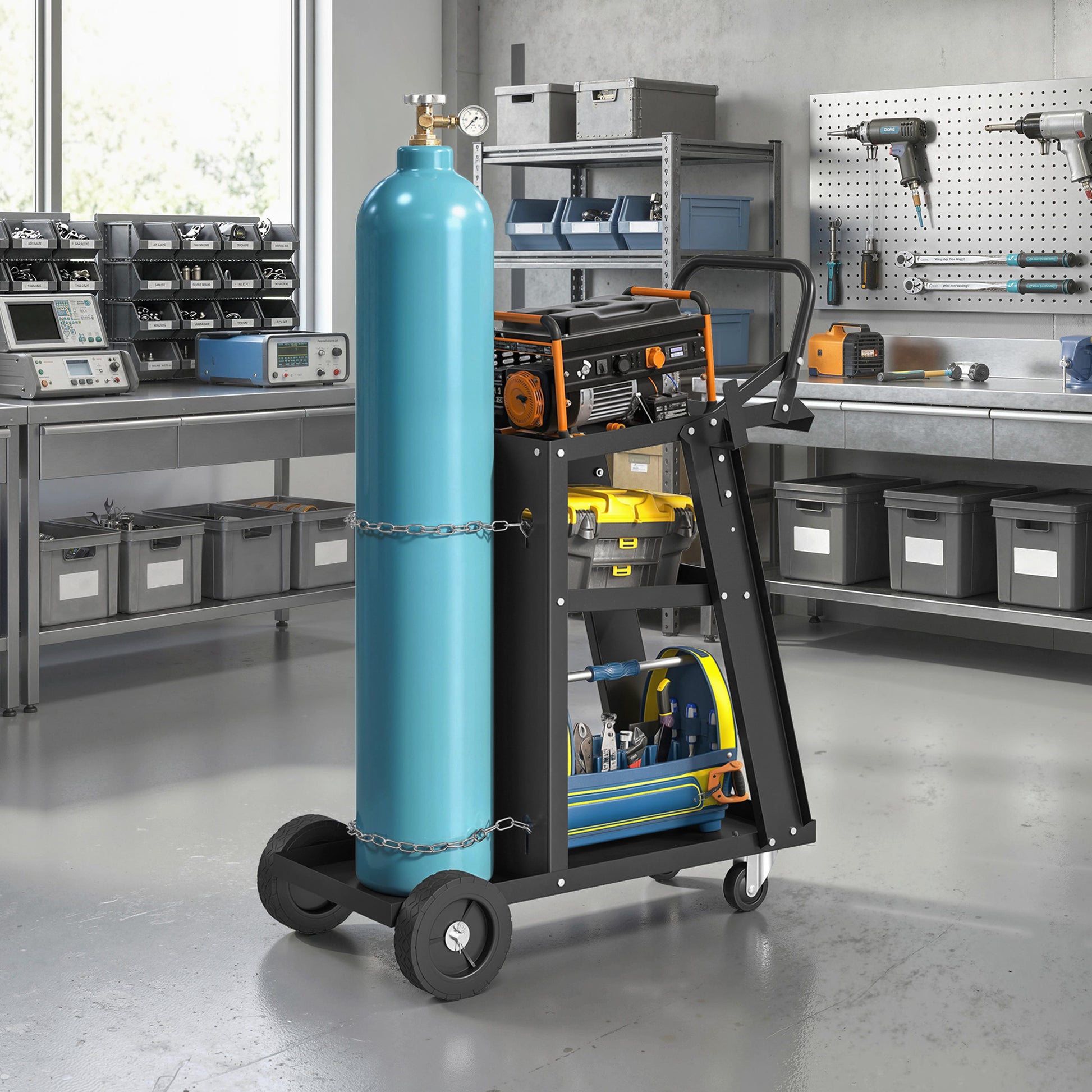 Aosom 3-Tier Welding Utility Cart with Gas Cylinder Holder - Black-Home Improvement > Tools > Tool Organizers-DECOROLALA