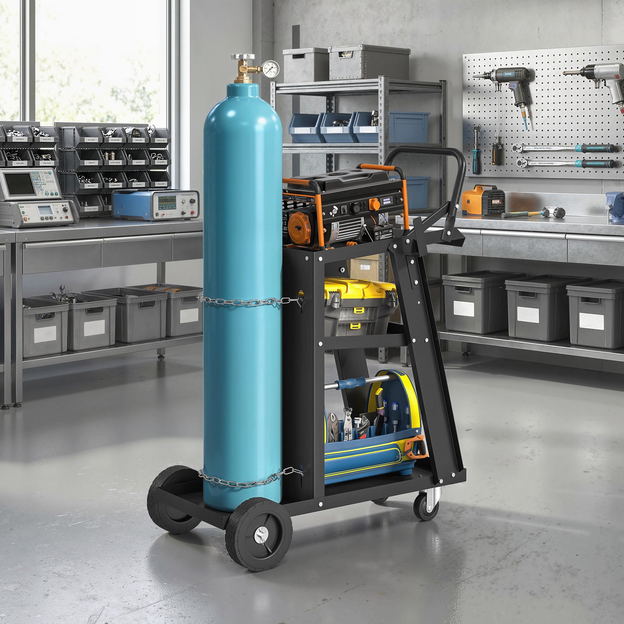 Aosom 3-Tier Welding Utility Cart with Gas Cylinder Holder - Black-Home Improvement > Tools > Tool Organizers-DECOROLALA