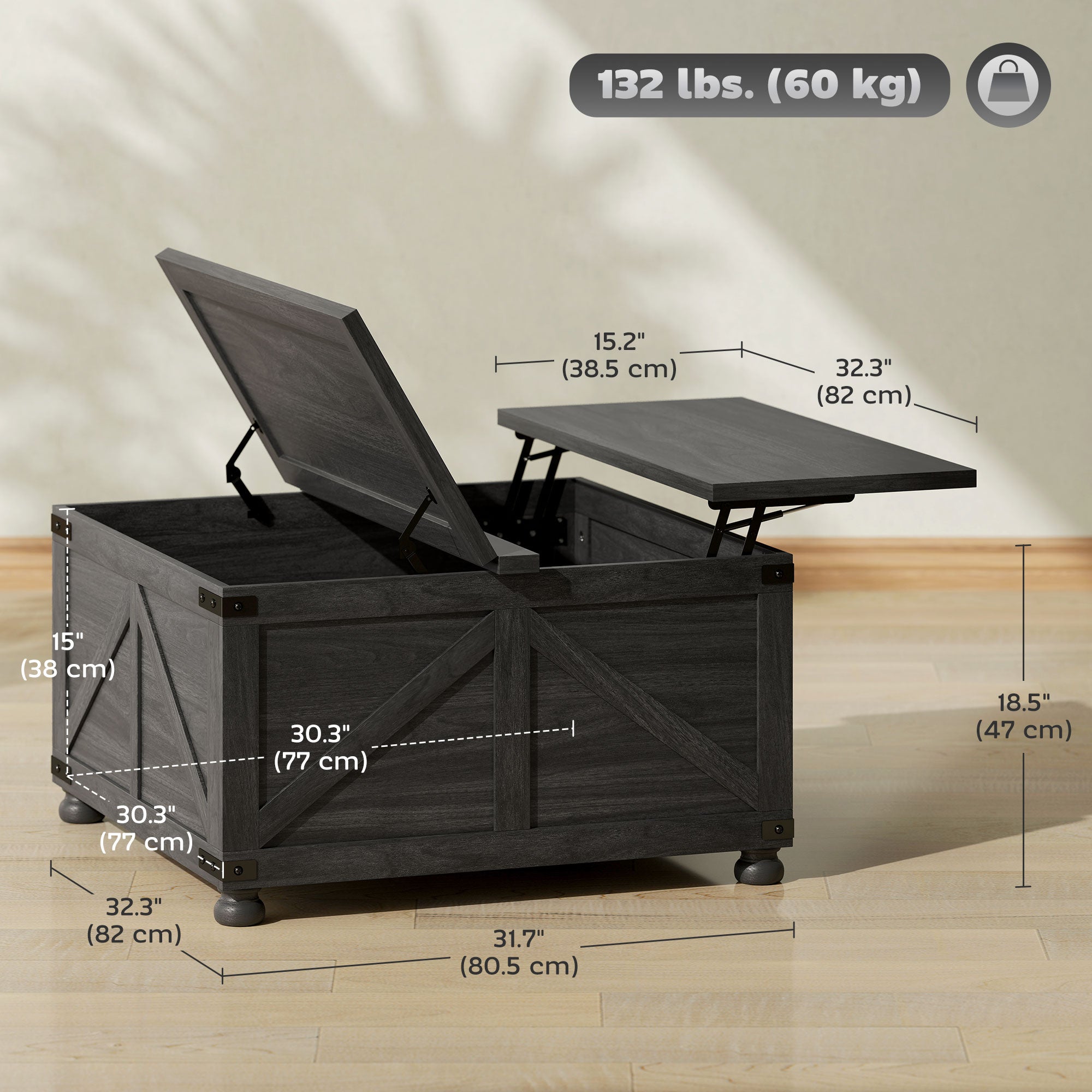 Aosom 32" Farmhouse Coffee Table with Lift Top & Storage, Black Wood Grain-DECOROLALA
