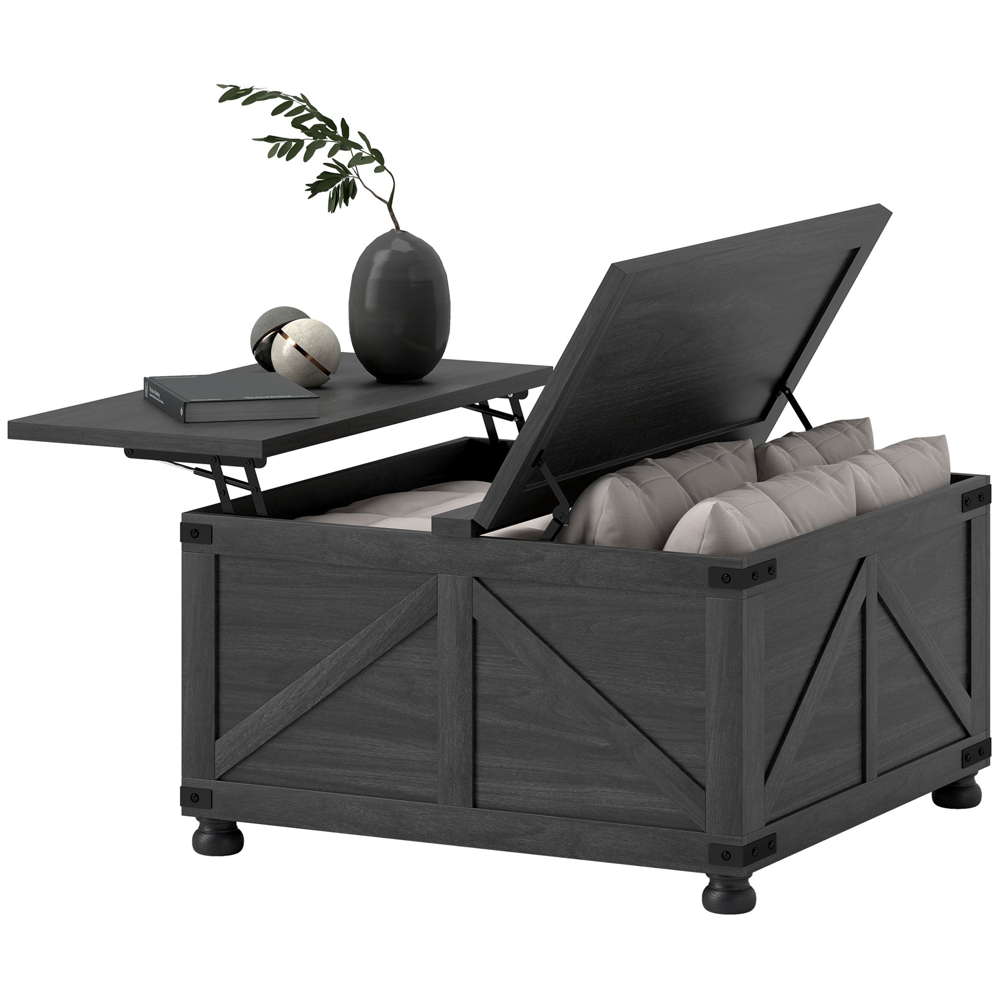 Aosom 32" Farmhouse Coffee Table with Lift Top & Storage, Black Wood Grain-DECOROLALA