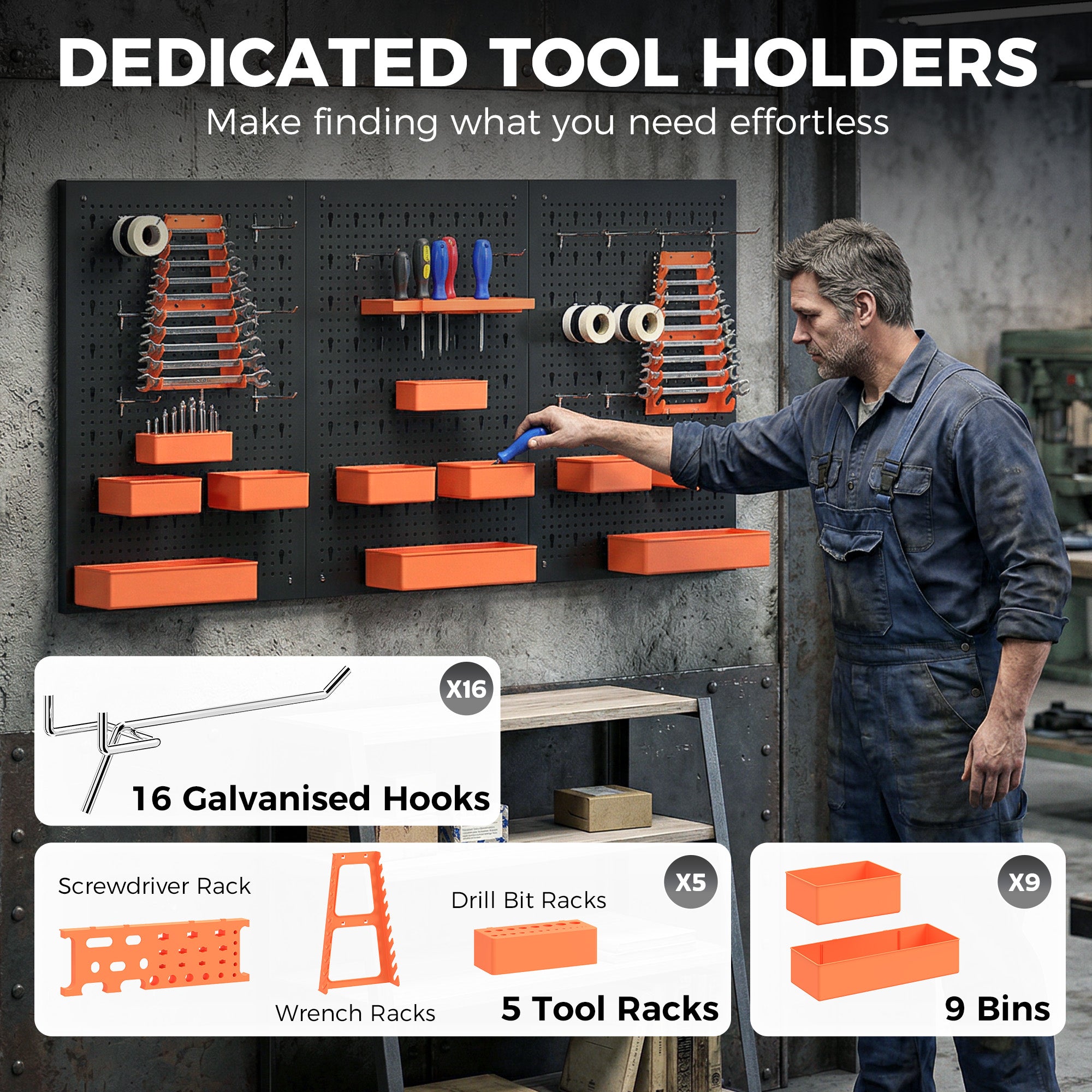 Aosom 33-Piece Metal Pegboard Tool Organizer - Black/Orange-Home Improvement > Tools > Tool Organizers-DECOROLALA